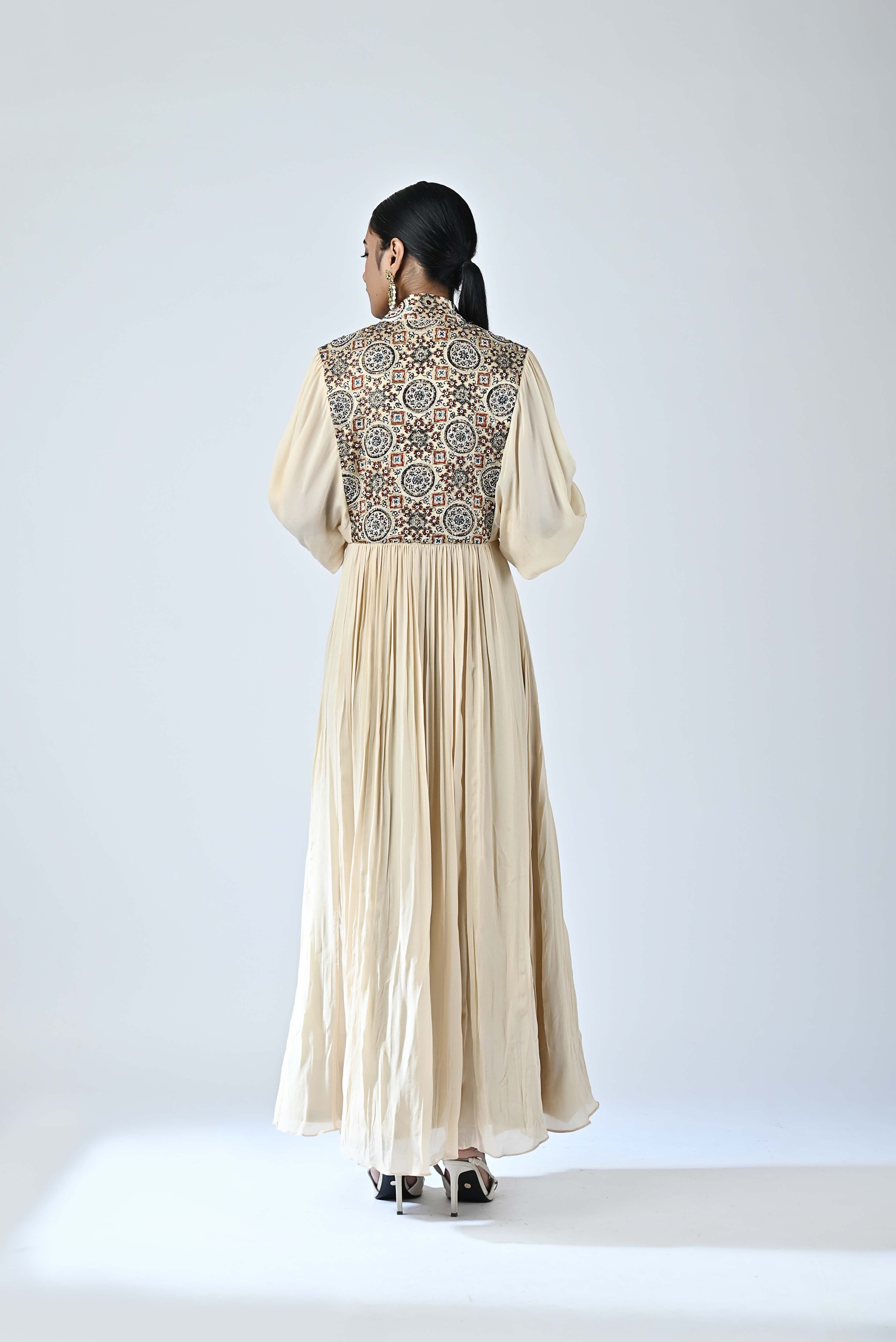 beige ajrakh embellished butterfly sleeve gathered dress