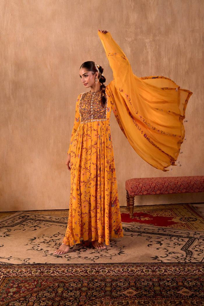 YELLOW PRINT EMBROIDERED ANARKALI AND DUPATTA SET - image 4