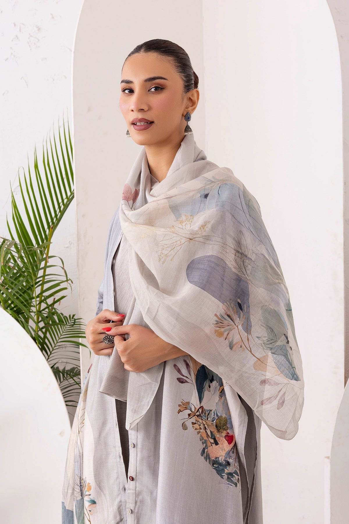 Grey Viscose Dupion Printed Kaftan Style Dress Set (3 PCS)