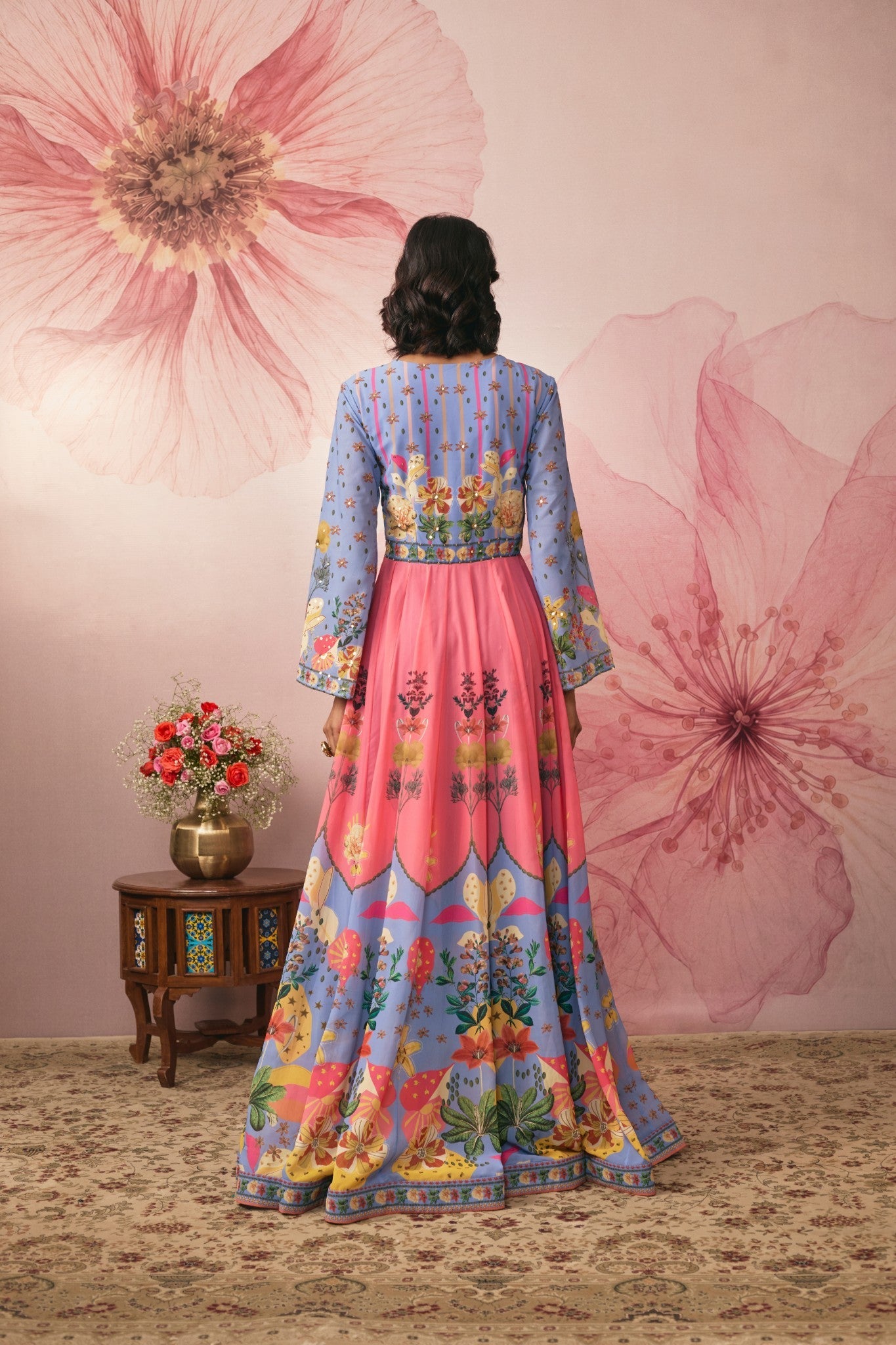 LILAC FLORAL PRINTED COLOR BLOCK GOWN