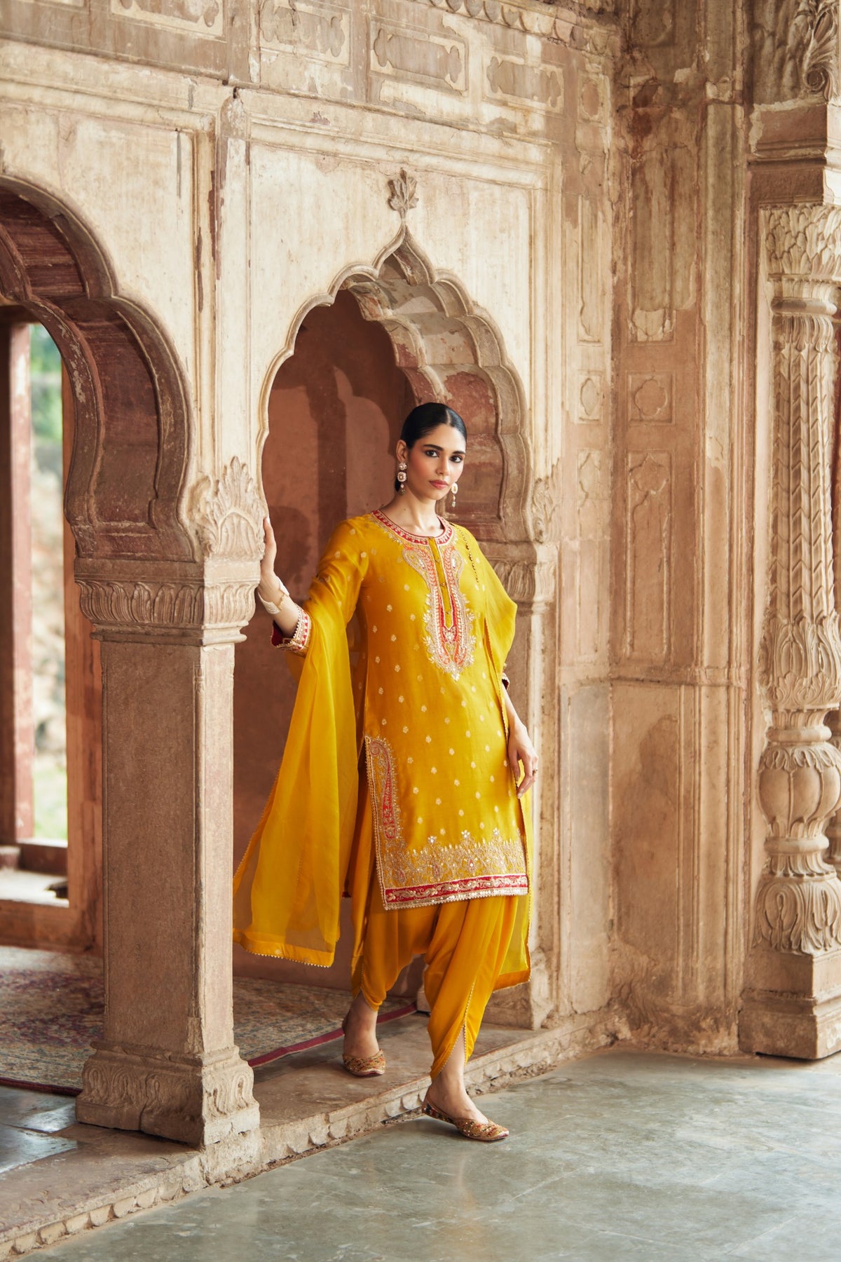Mustard Silk Chanderi Short Kurta with Dhoti Salwar Set