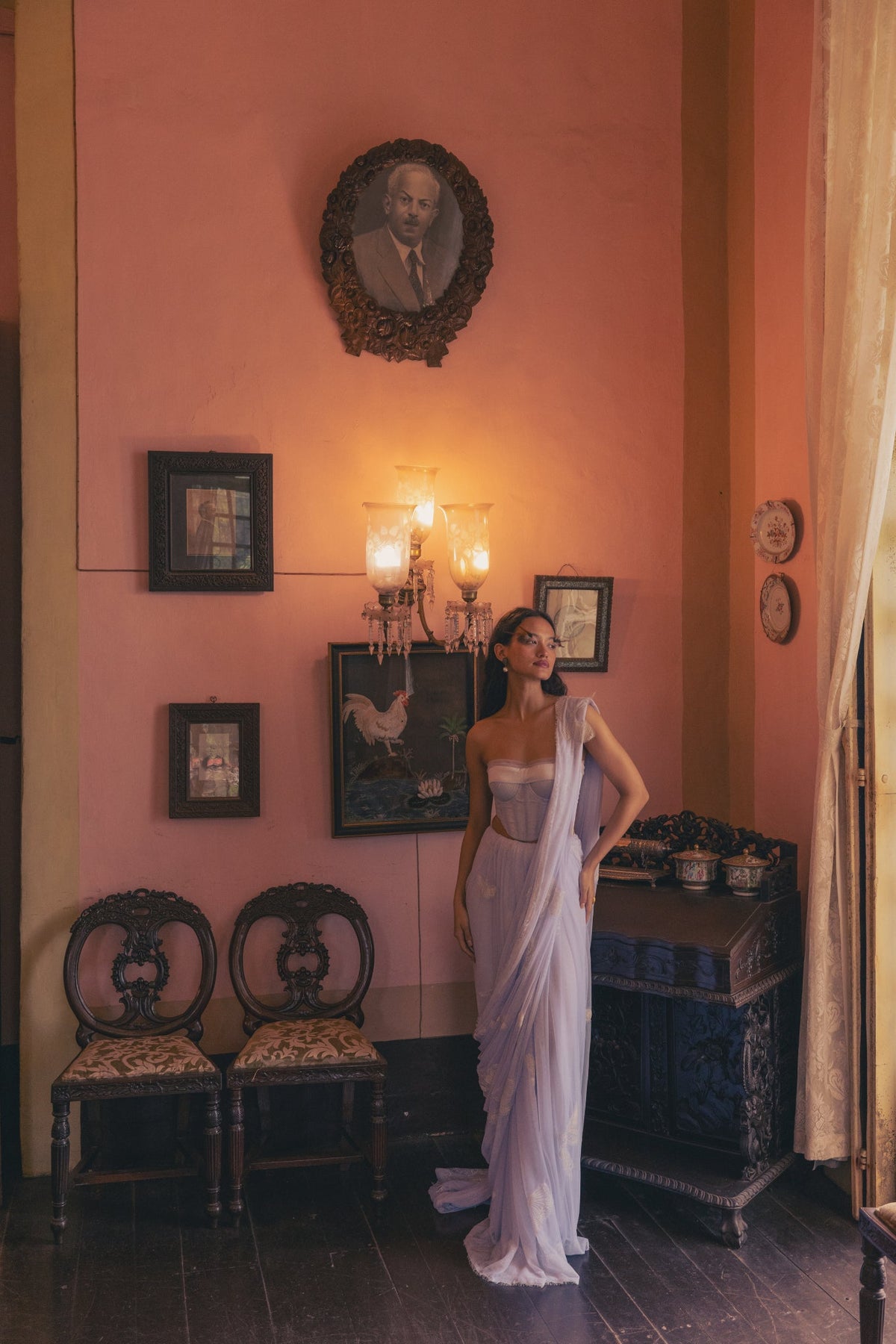 Lilac, Cord Embroidery, Silk & Tulle, Corset Sari Set, Hand-Embroidered Motifs