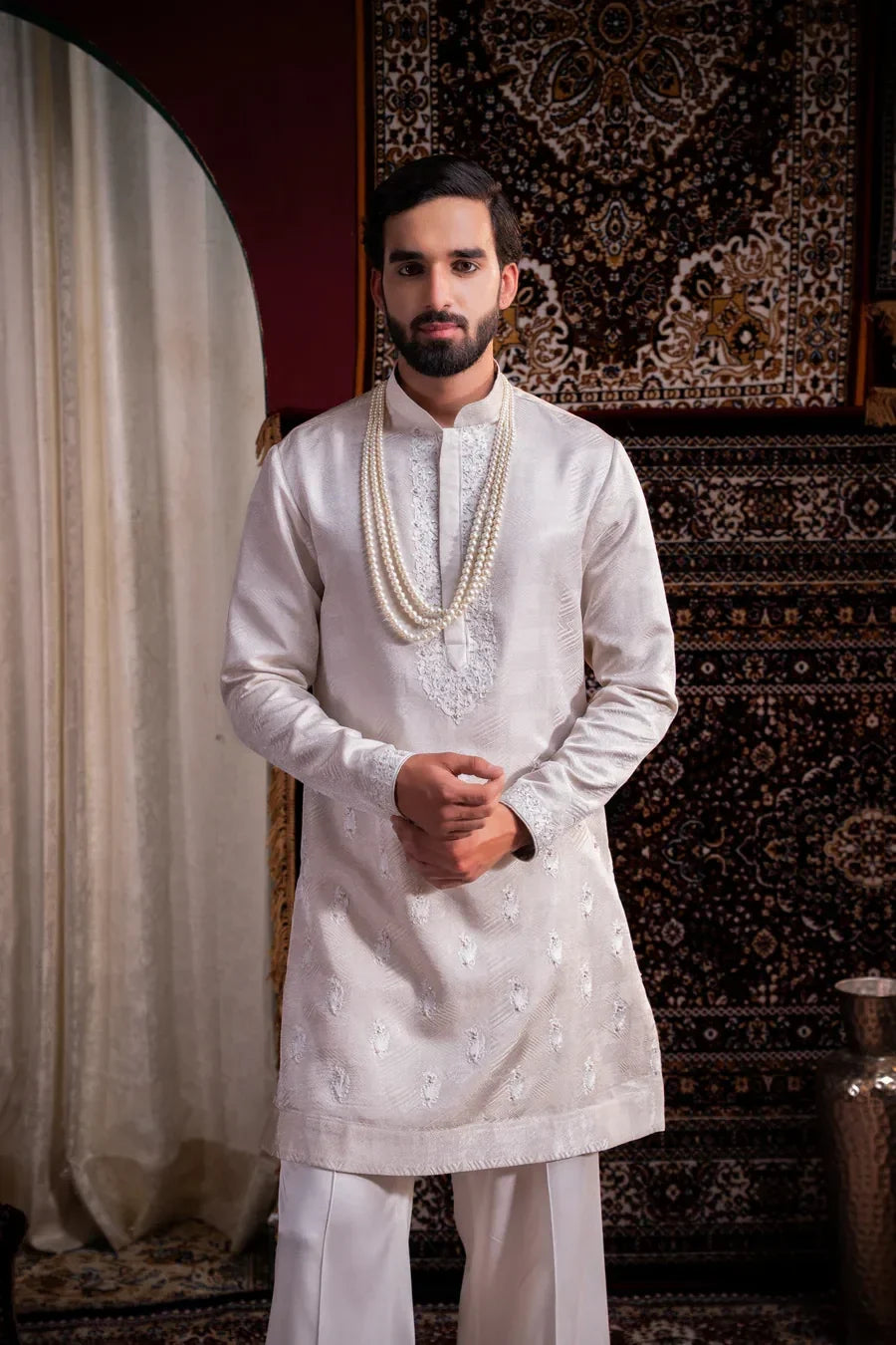 Ivory Heritage Embroidered Linen Silk Kurta