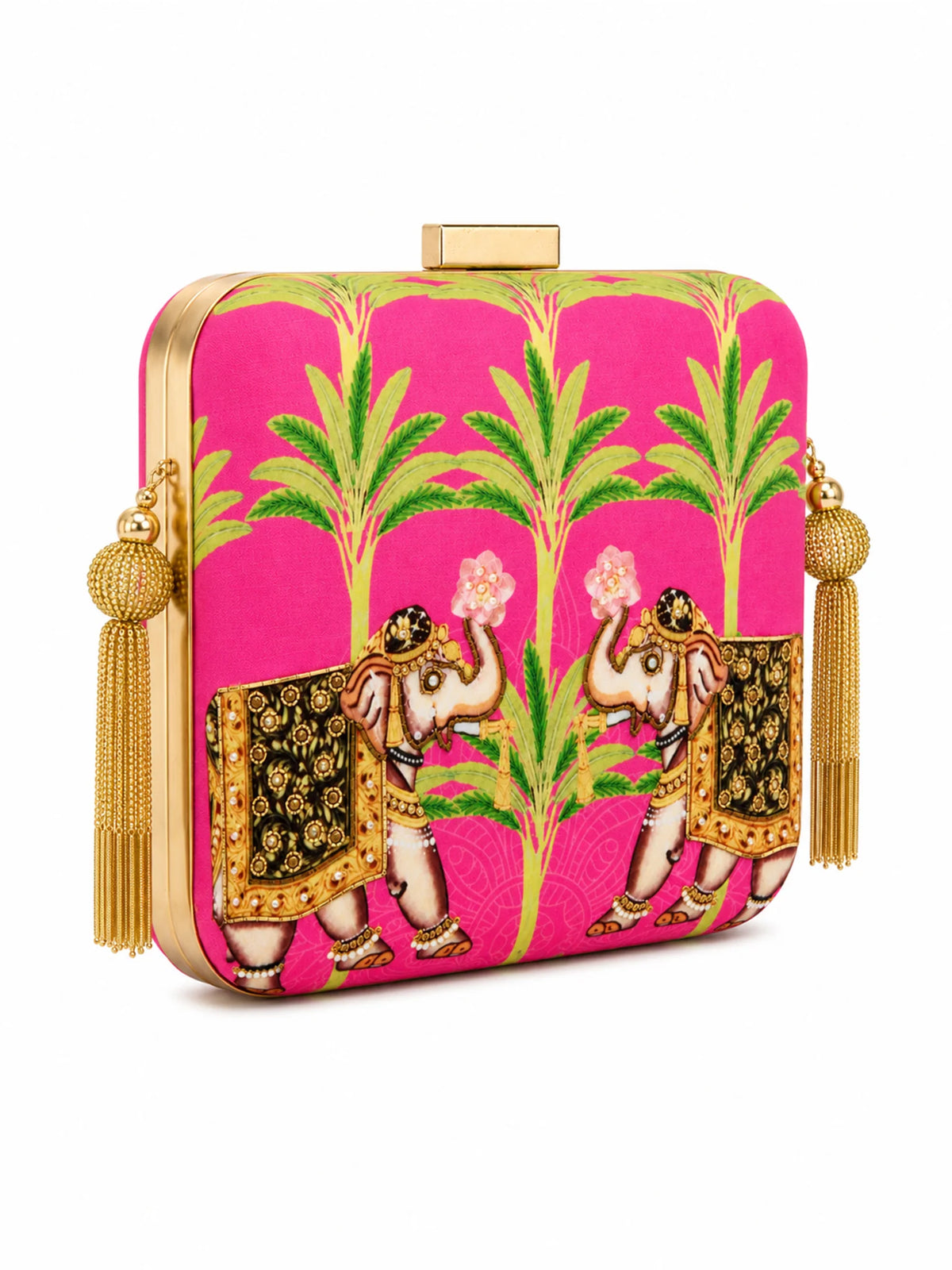 Pink Elephant Print Clutch Bag with Embroidered & Gold Embellishment