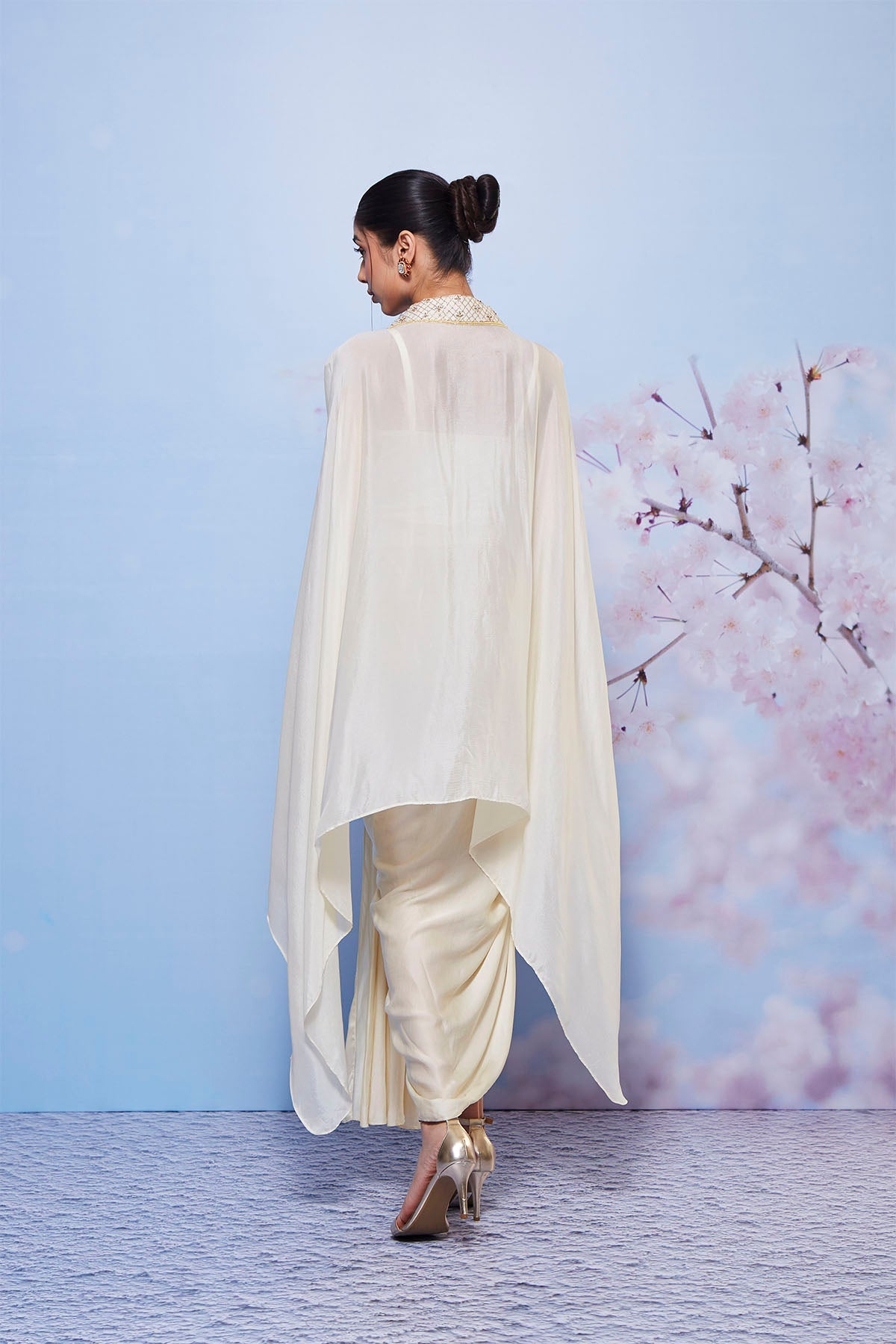 Zarin Ivory Embroidered Chiffon Cape Set with Pick-Up Skirt