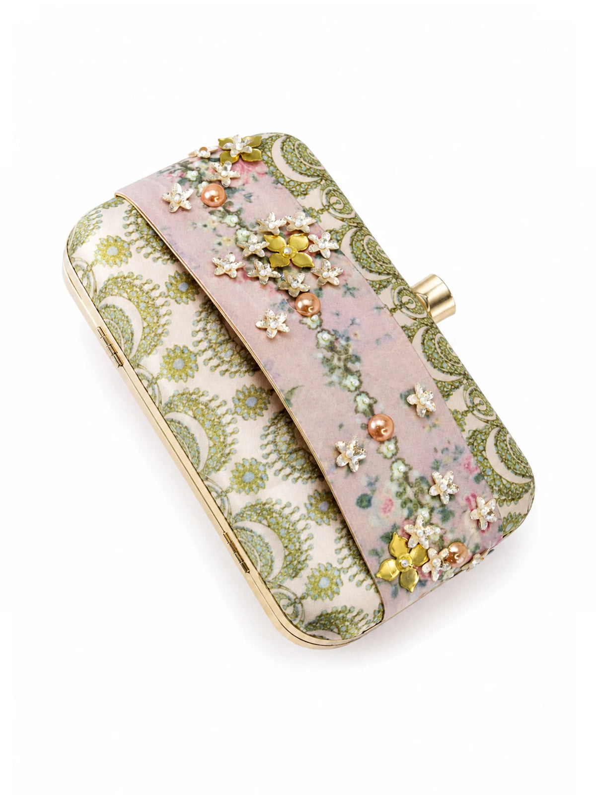 Pastel Floral Embellished Clutch Bag with Jewel & 3D Flower Detail