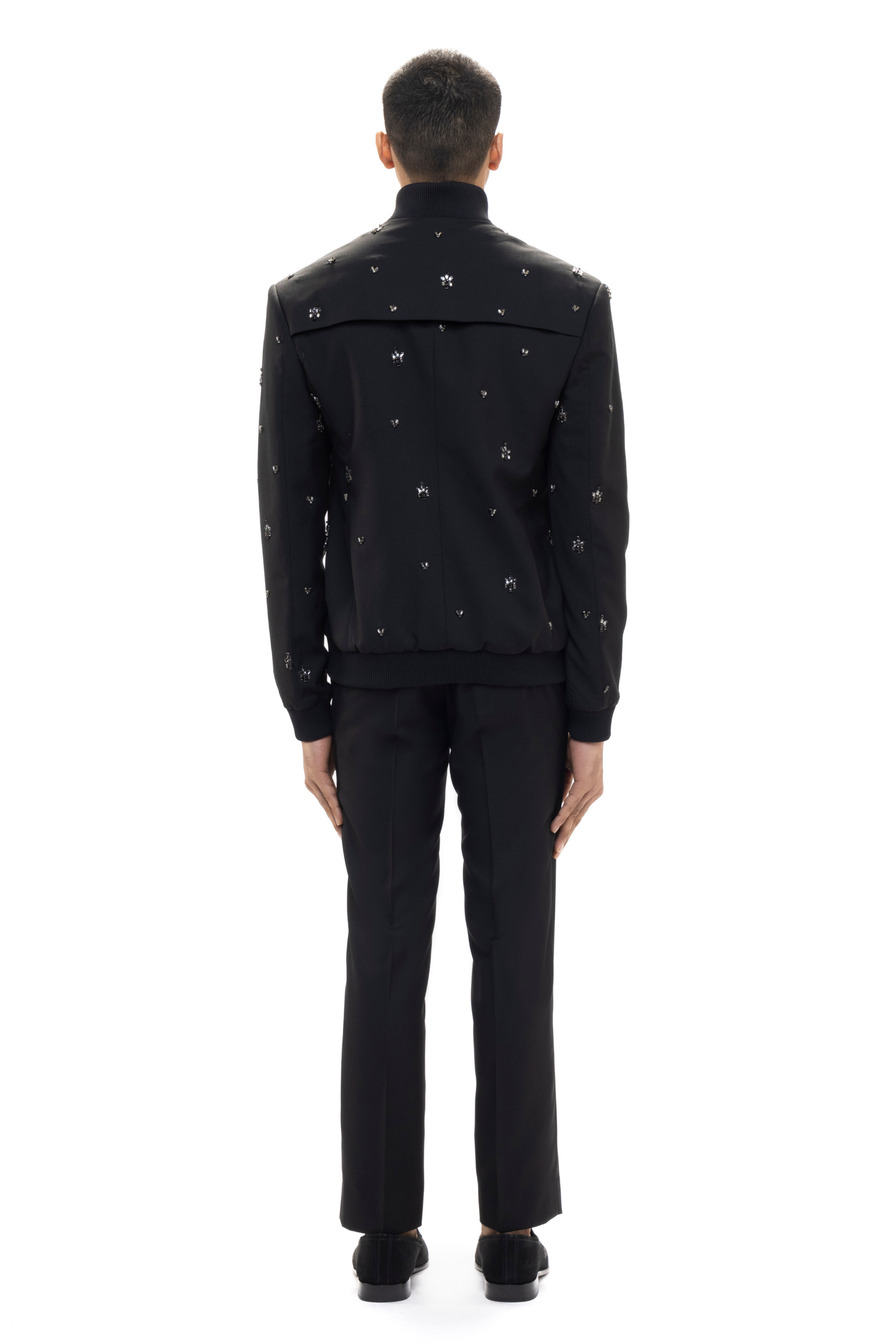 Black Worsted Wool Motifs Embellished Bomber Jacket