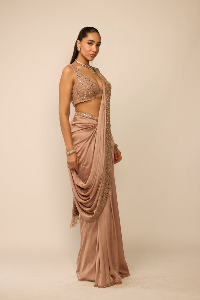 Bronze Ros� Satin Draped Saree Set