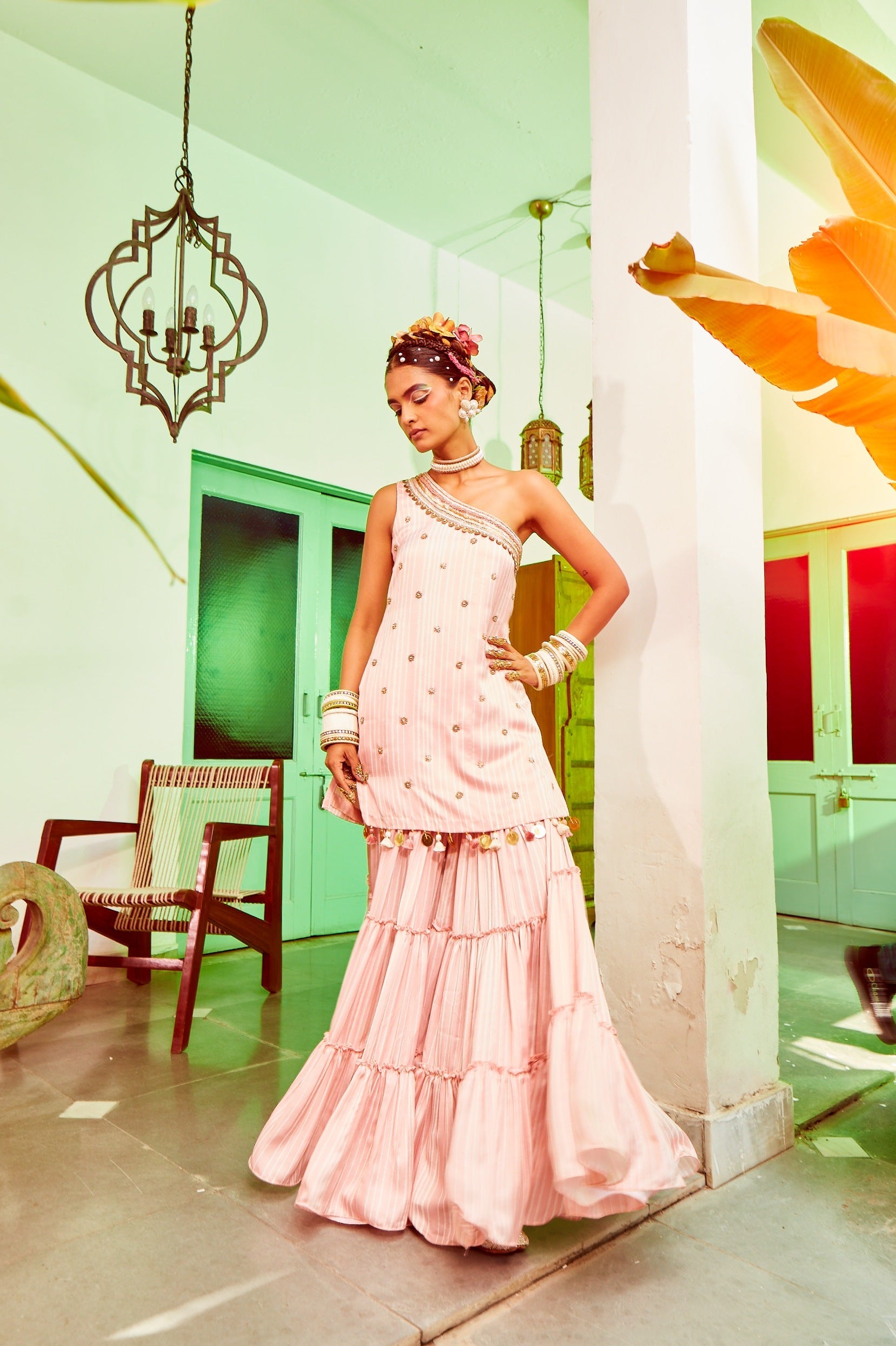 One Shoulder Kurta With Teired Sharara