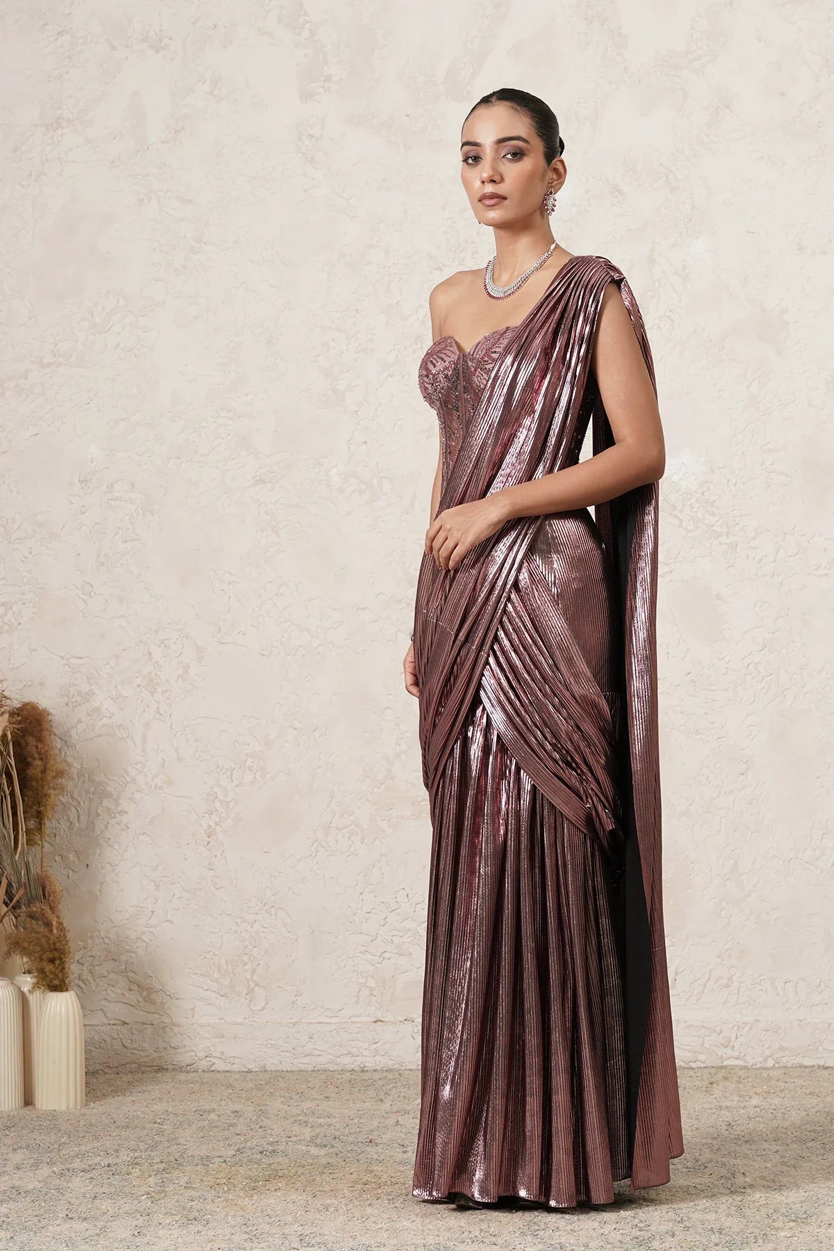 Chandni metallic pre-draped saree with sequin blouse in light beige for women, perfect for cocktails, receptions & sangeet. By THETAA.