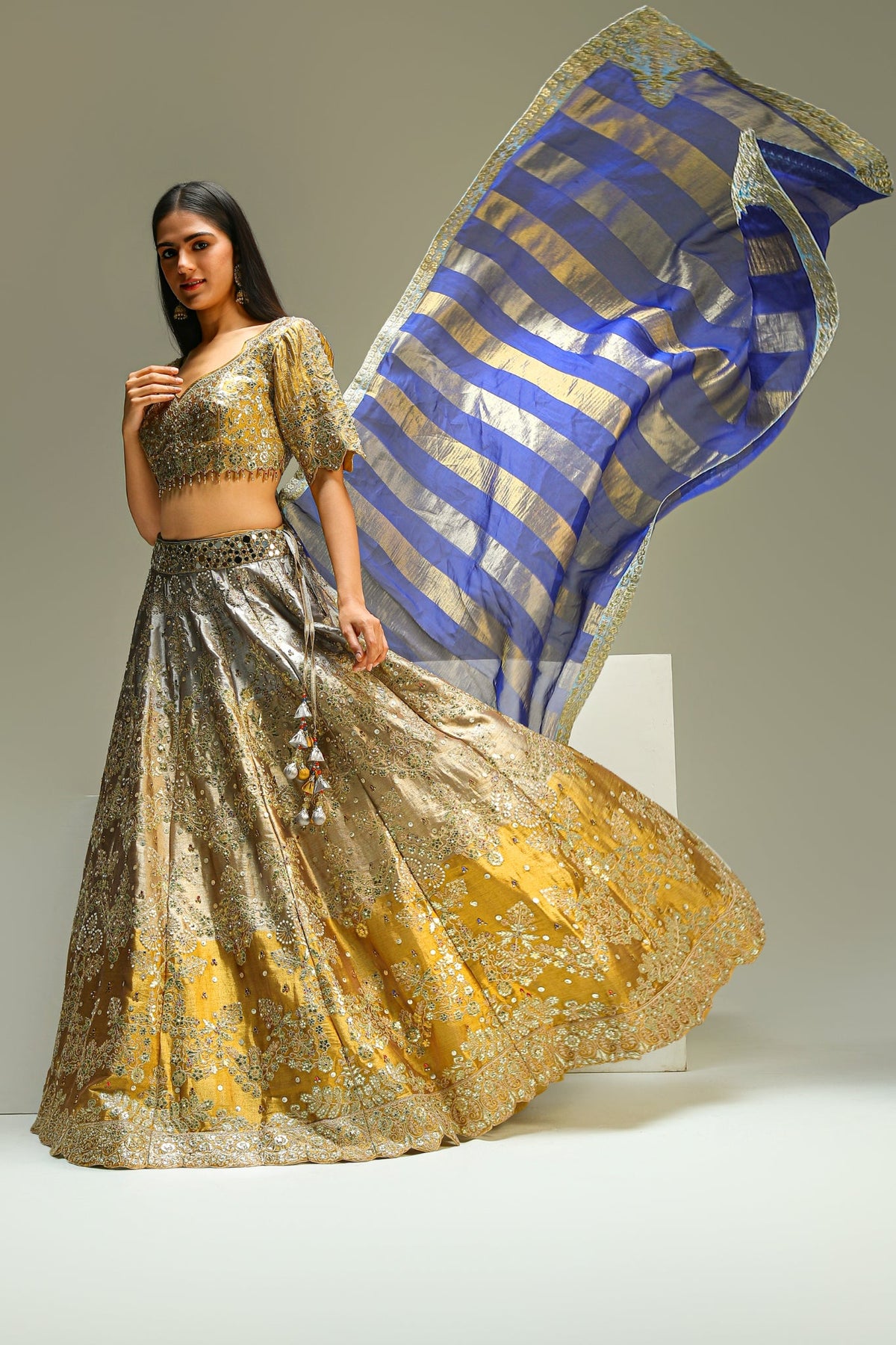 Golden & Blue Tissue Jacquard Lehenga Set with Dupatta
