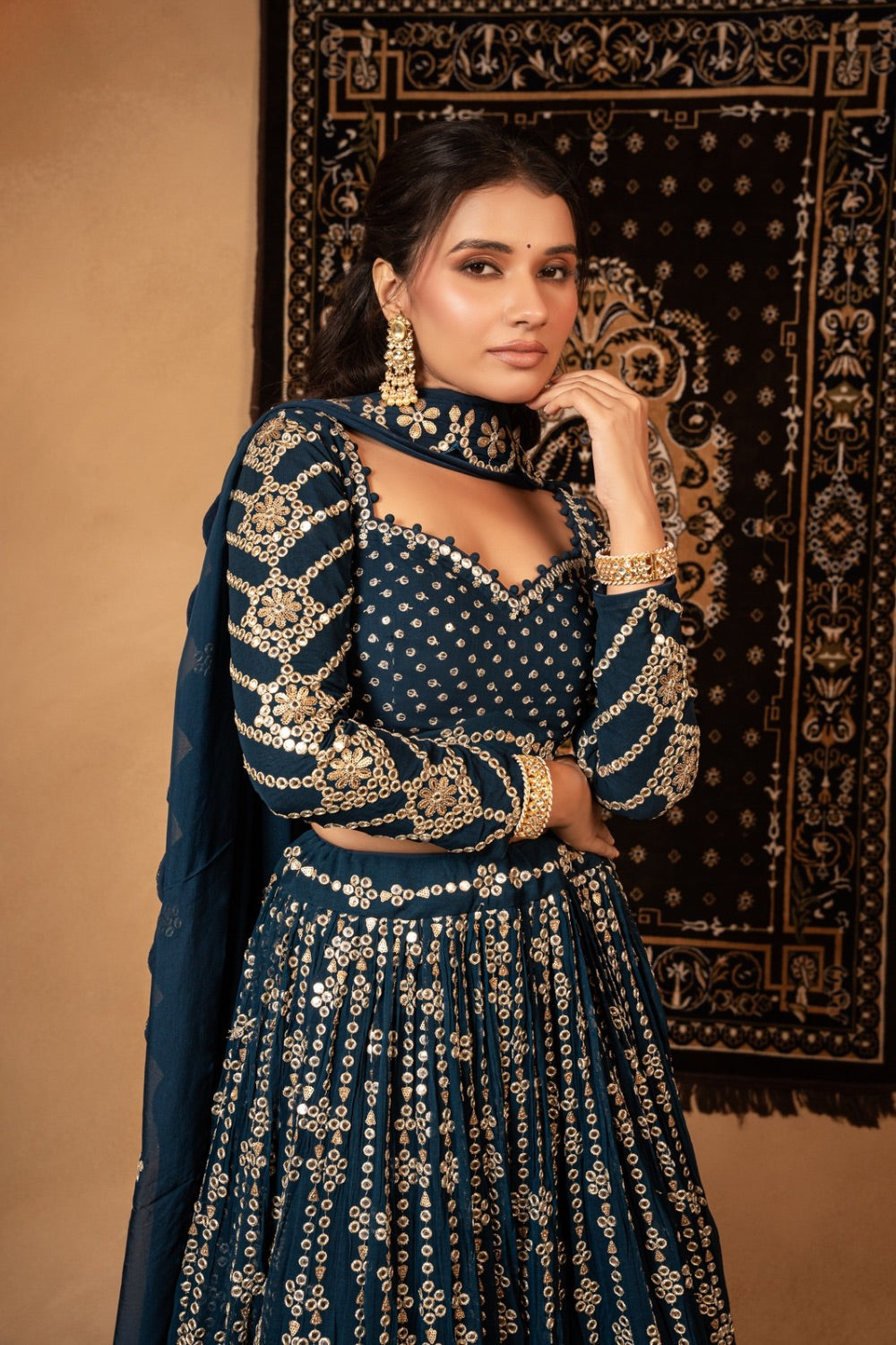 Dark Blue georgette lehenga choli with foil mirror work