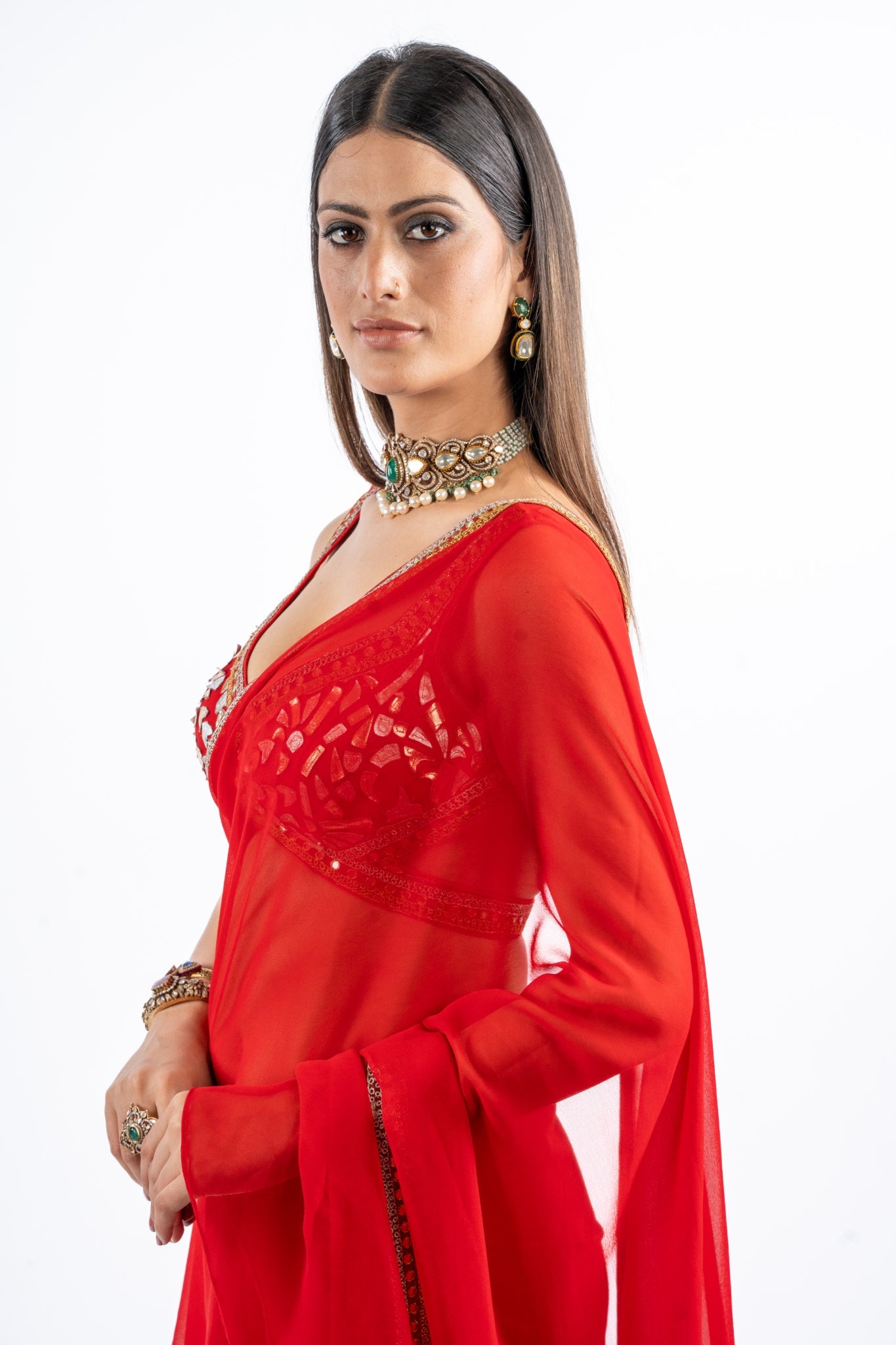 Scarlet Ruffle Saree with Sheer Layers