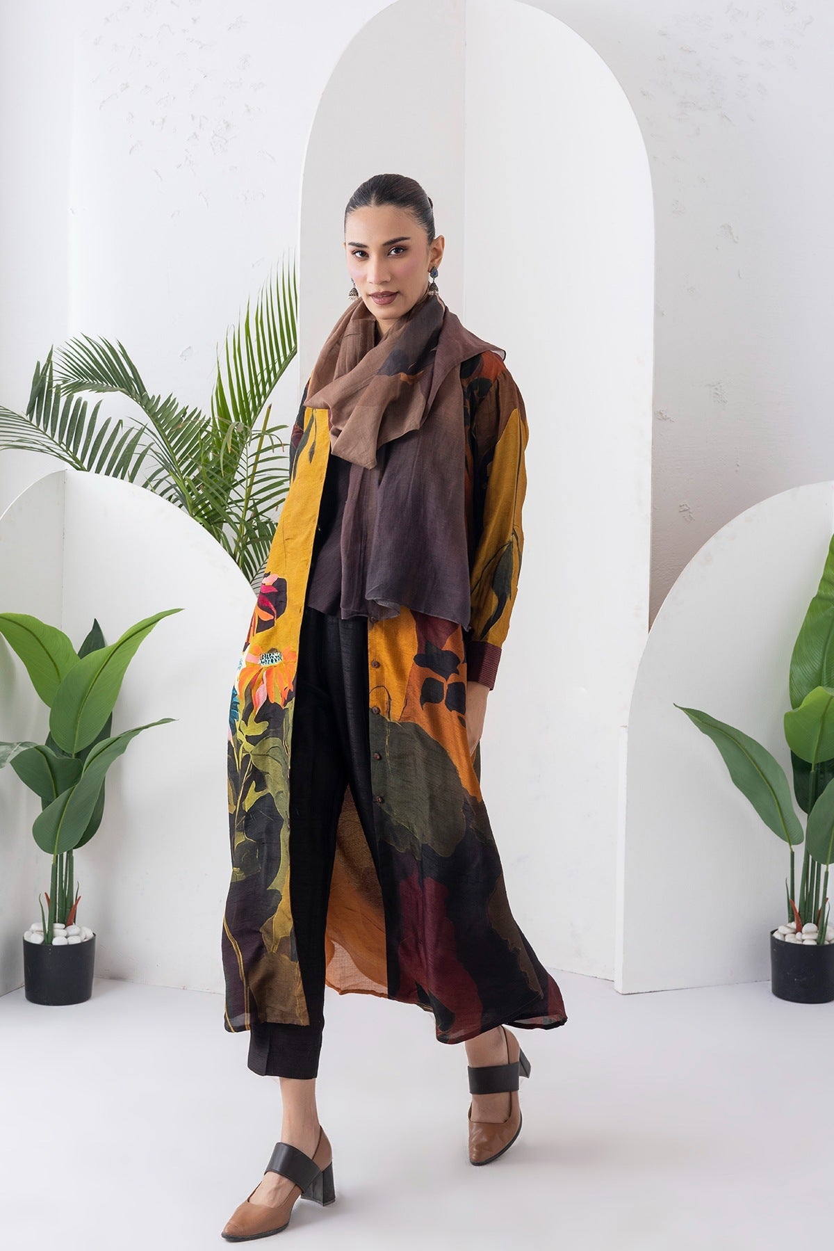 Mustard & Brown Viscose Dupion Printed Front Open Dress Set (3 PCS)