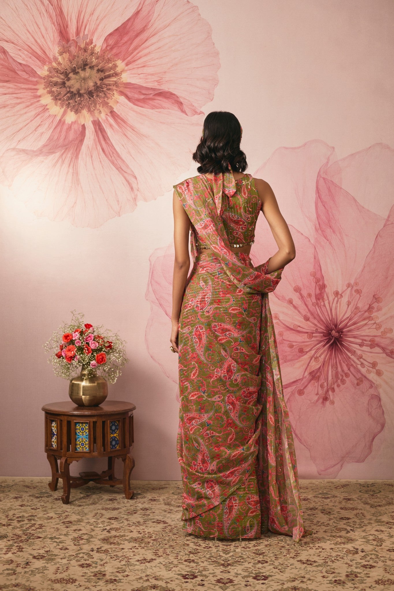 GREEN PAISLEY PRINTED PRE DRAPED SAREE SET