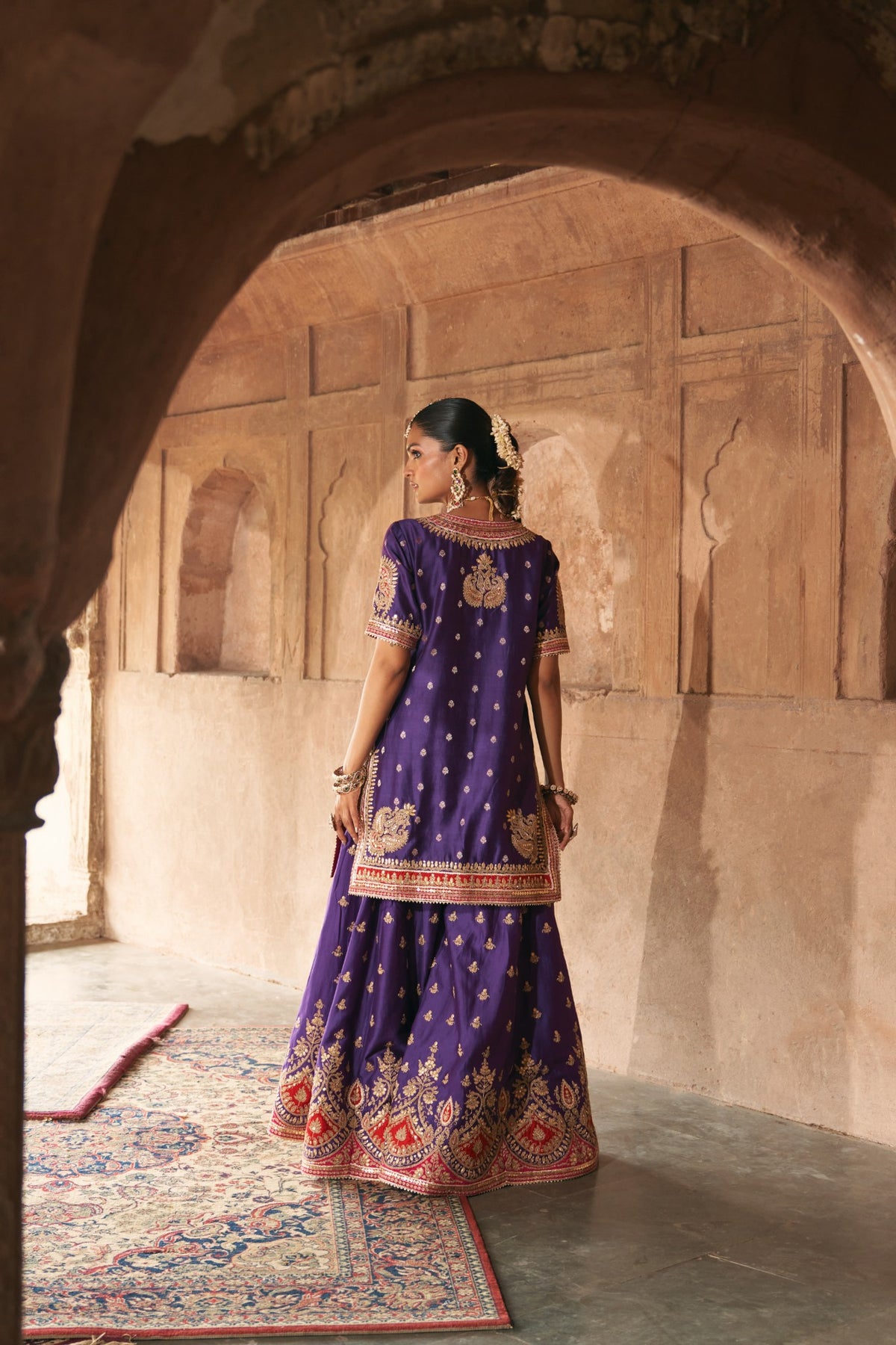 Deep Purple Banarasi Short Kurta Sharara Set with Dupatta