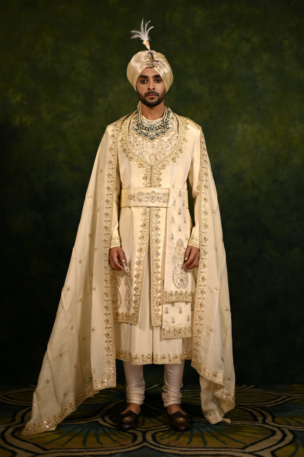 gold tissue angrakha style sherwani set