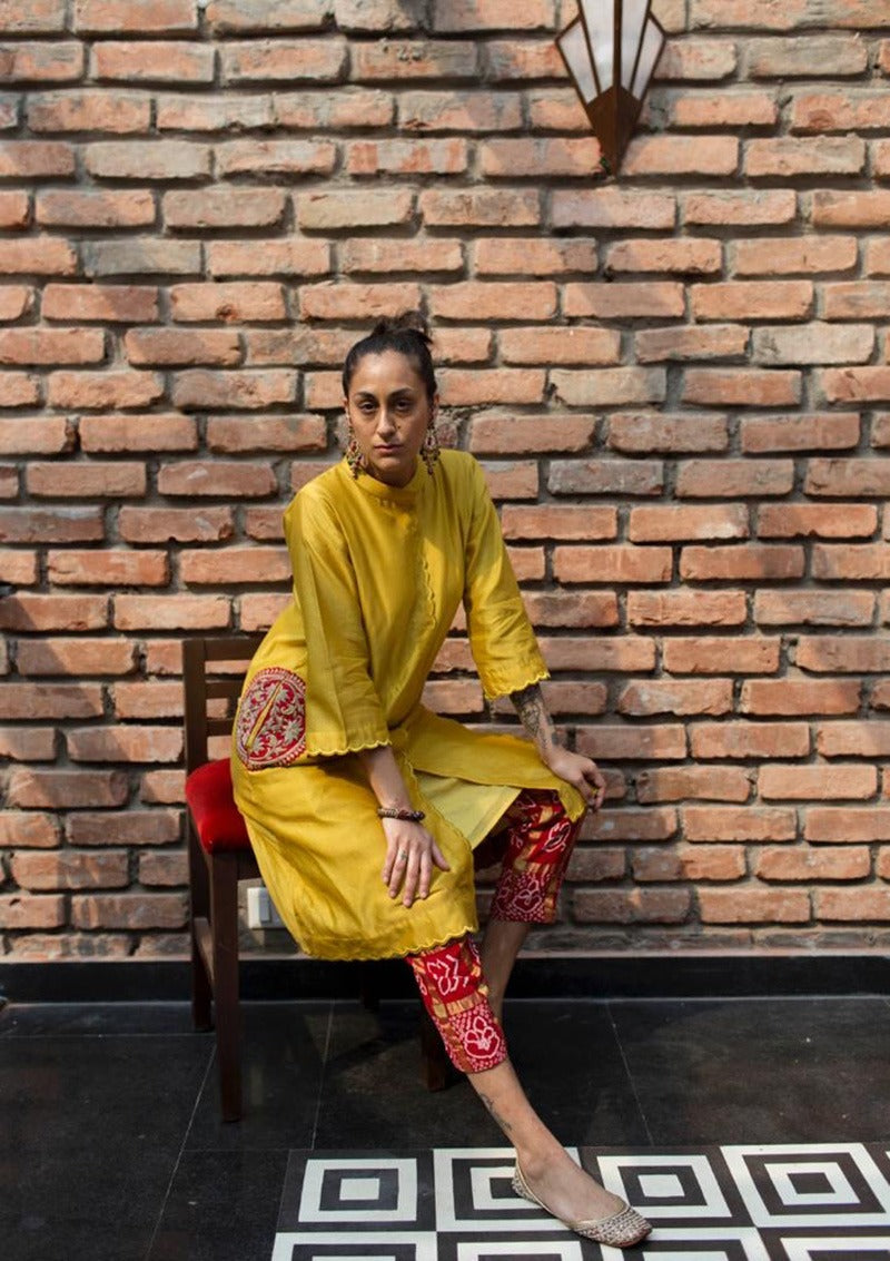 chanderi kurta with beautiful lotus embroidered motifs and gharchola pants