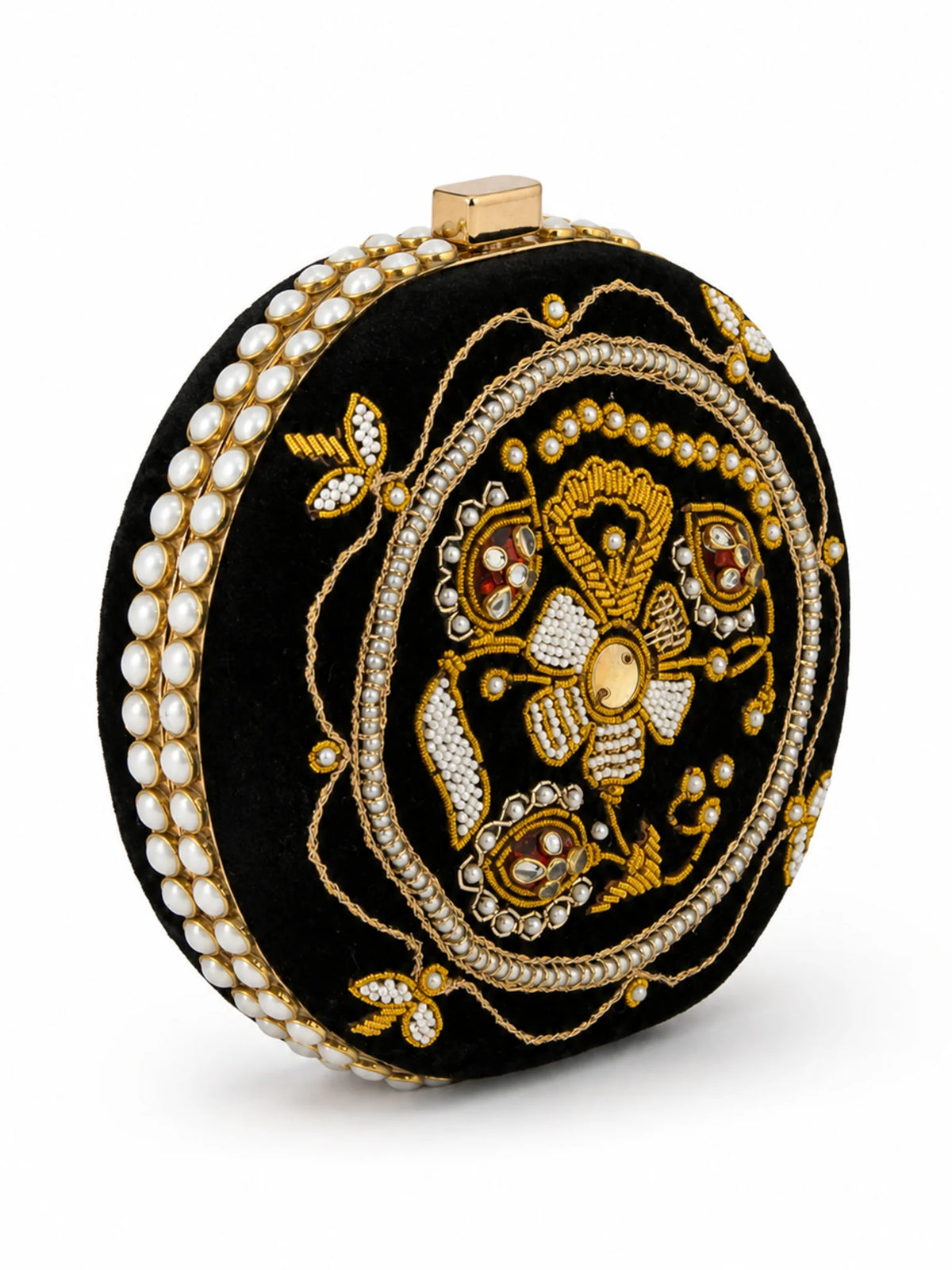 Black Zardozi Embroidered Round Clutch Bag with Gold & Pearl Detail