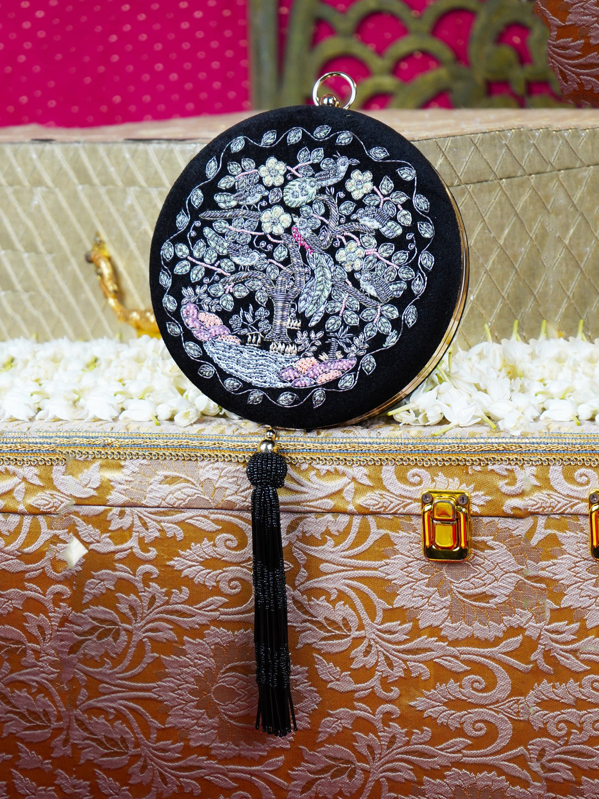 Black Velvet Tree of life Zardozi Embroidered Round Clutch Bag with Beaded Tassel