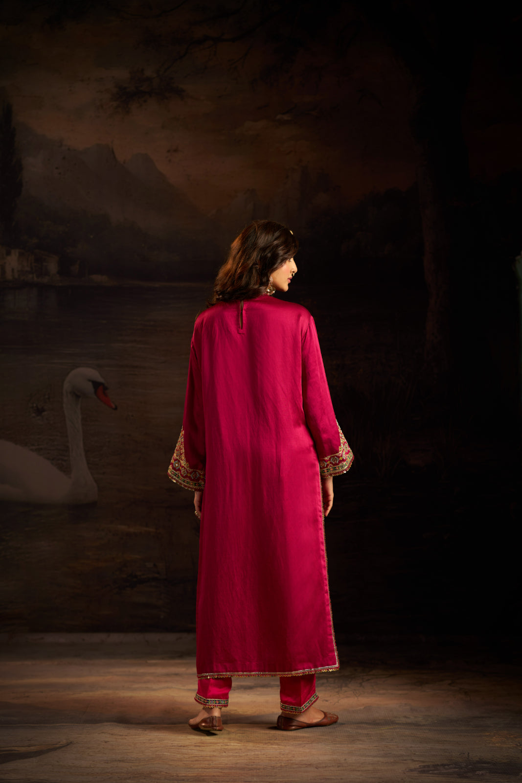 Magenta Pink & pink hand embroidered pakistani kurti set