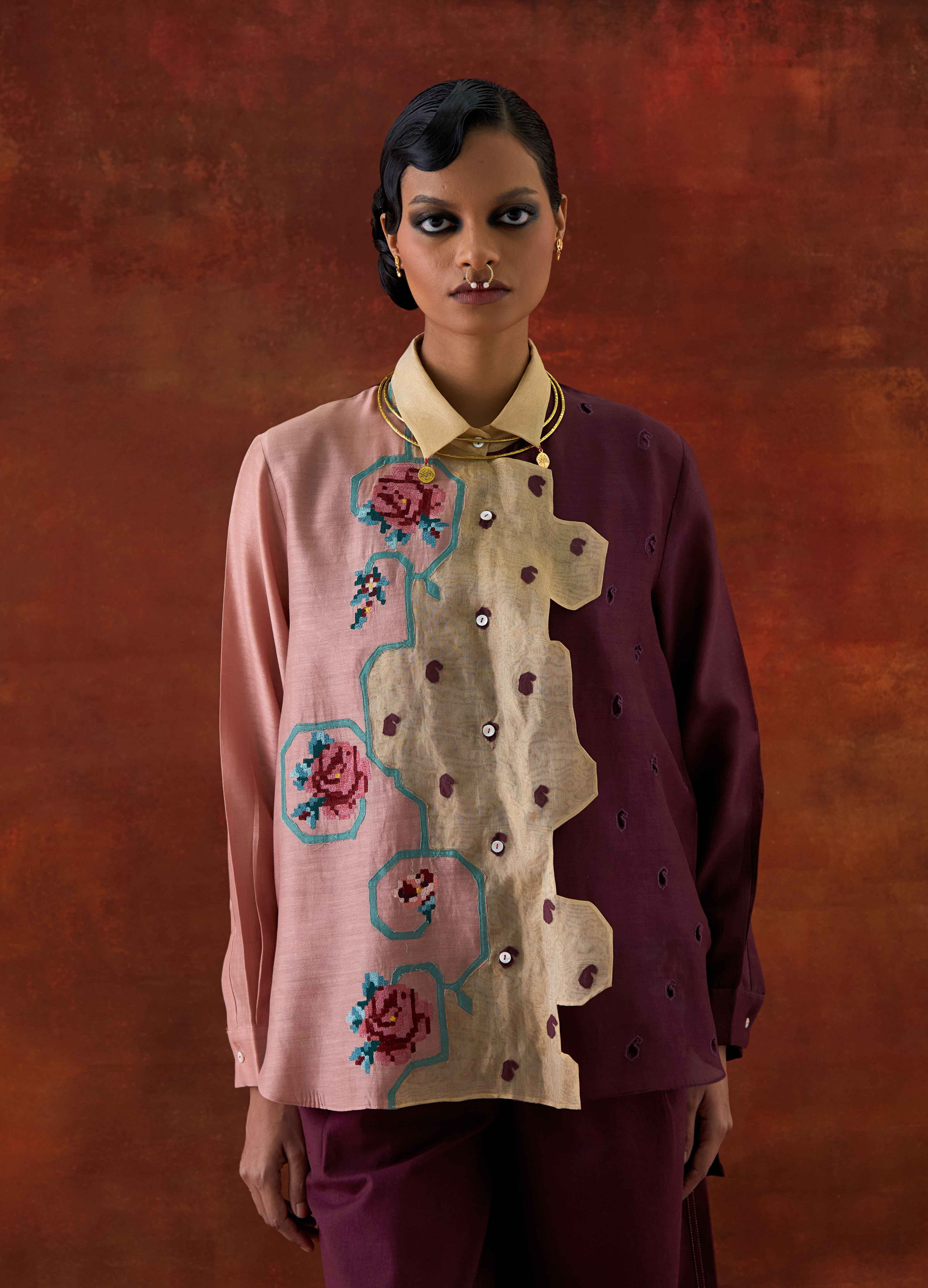 EMB TRI COLOR SHIRT WITH FLARED PANTS - image 4