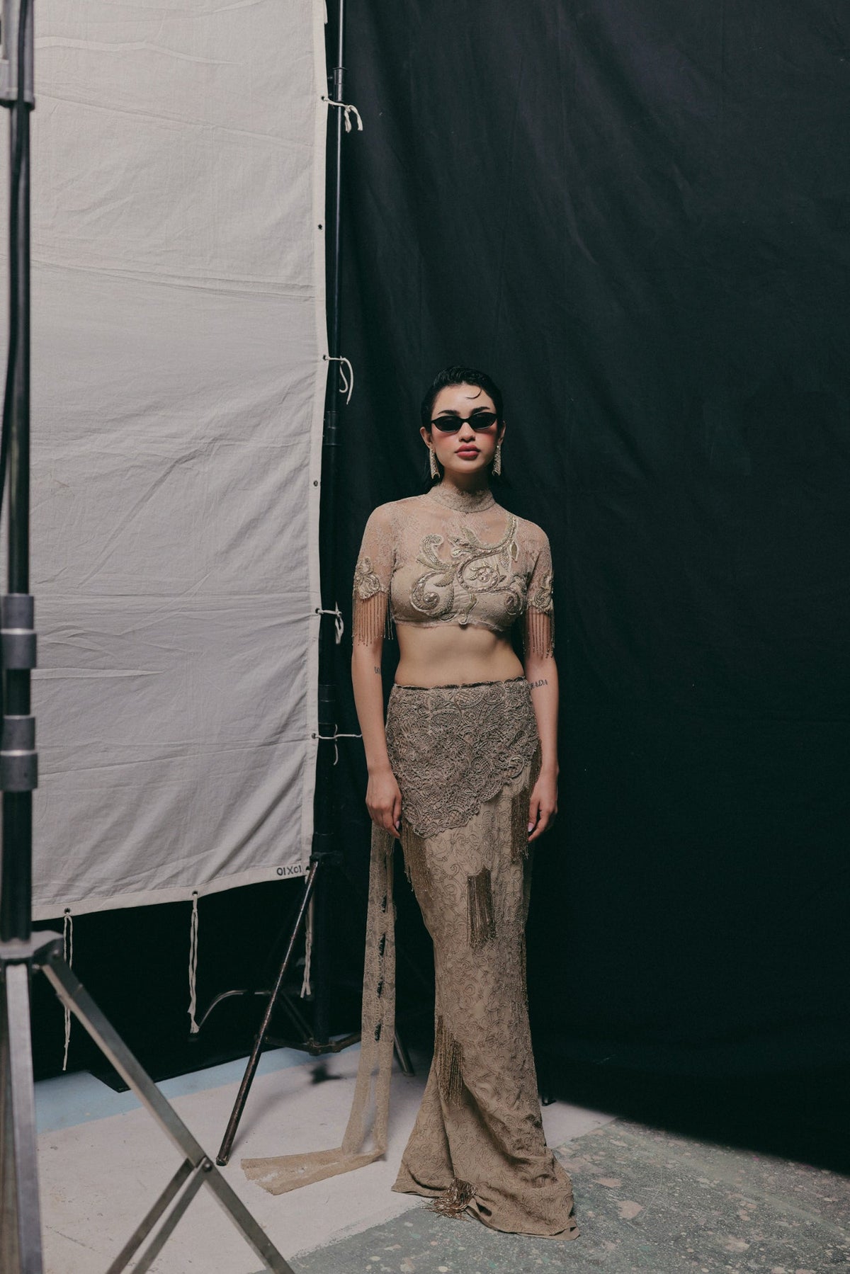Filigree & Zardosi Embroidery, French Lace & Silk Georgette, Skirt Set, Structured Blouse Silhouette