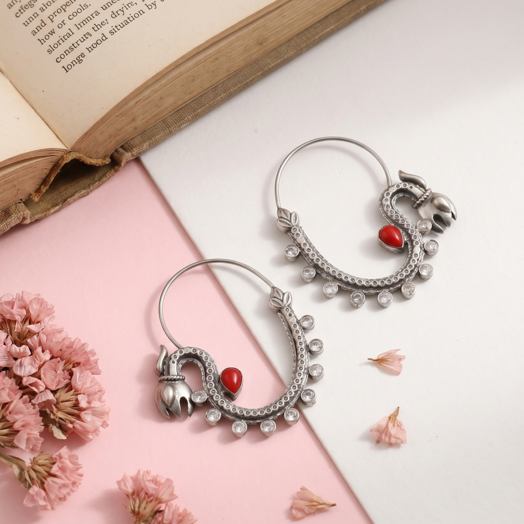 Coral Accent Silver Hoop Earrings by Sangeeta Boochra