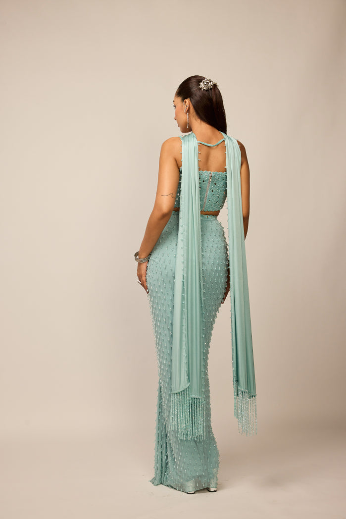 Powder Blue Single Drop Draped Skirt Set