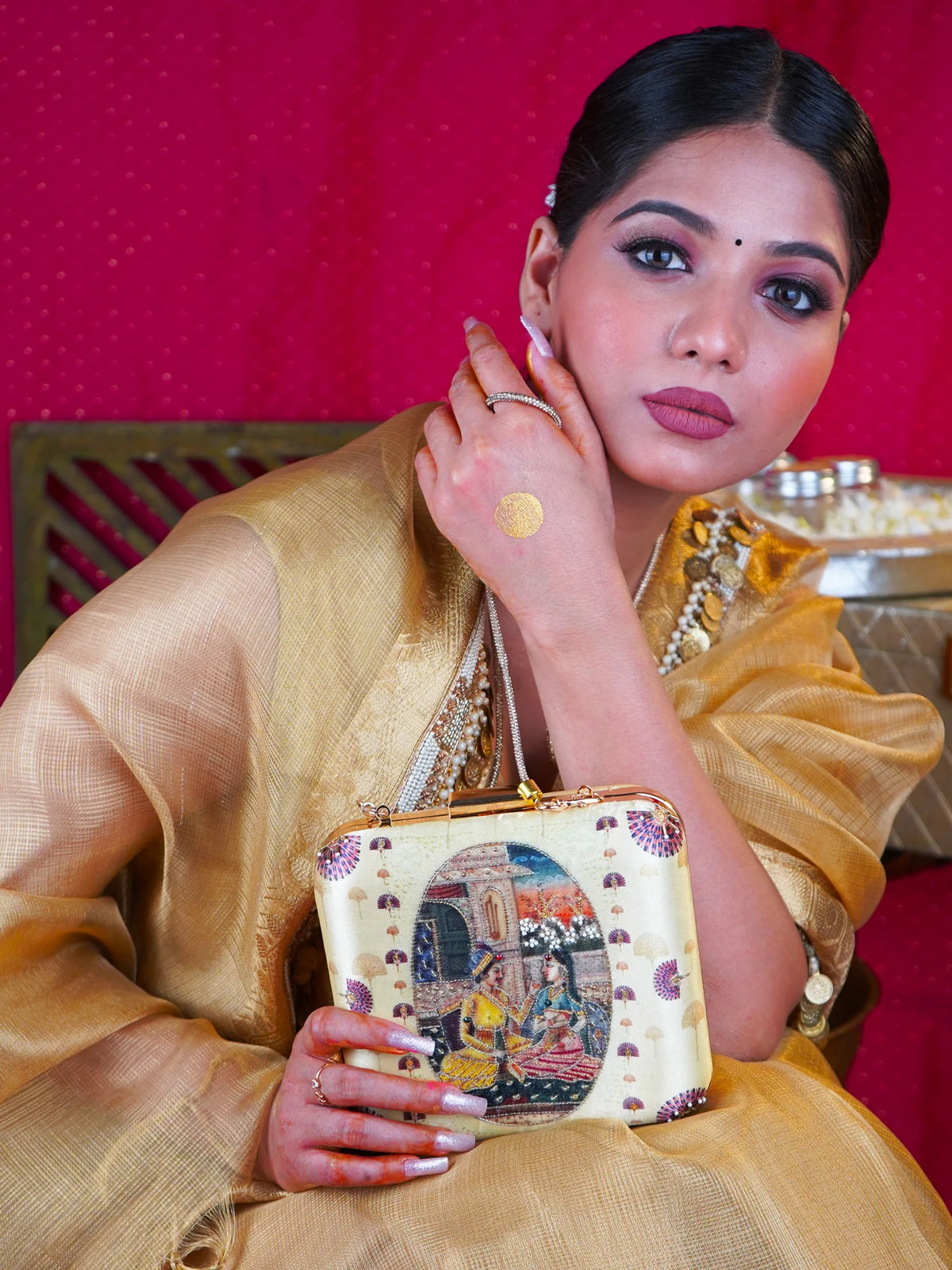 Ivory Indian Miniature Art Printed Embroidered Clutch Bag with Gold Detail