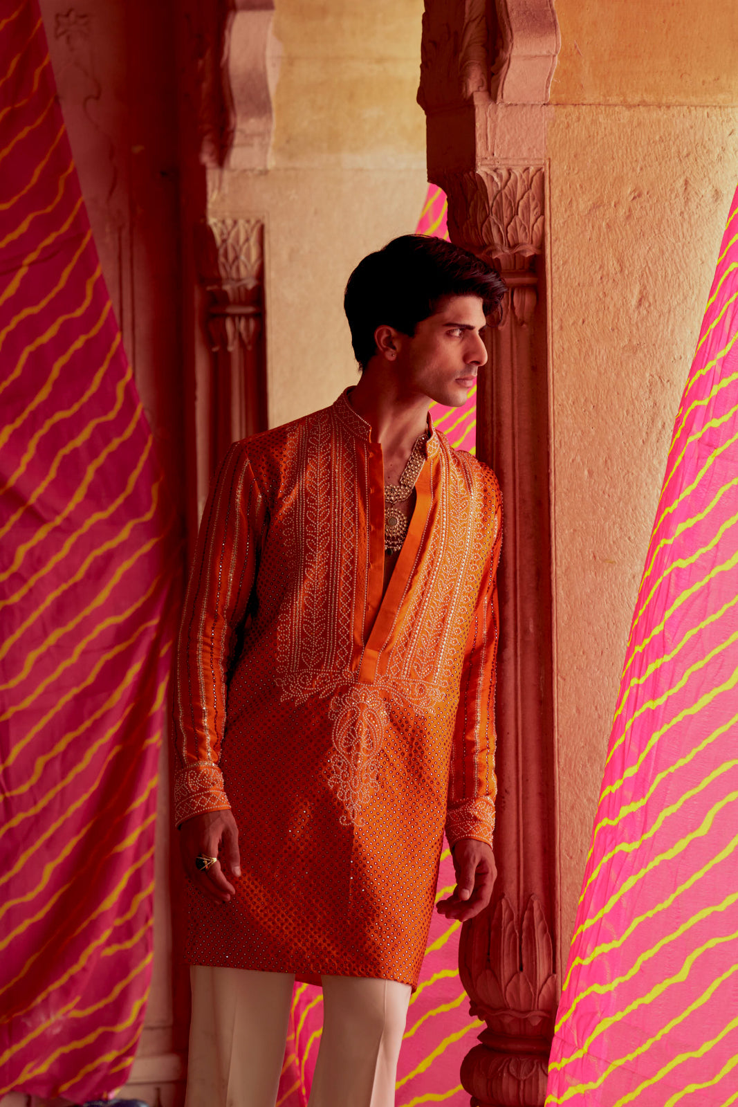 Rediant orange printed bandhej kurta set