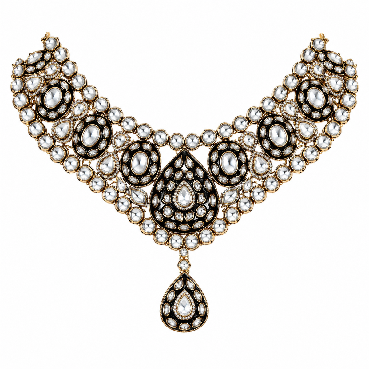 Gold Plated Kundan Polki Necklace Set with Maang Tikka and Earrings