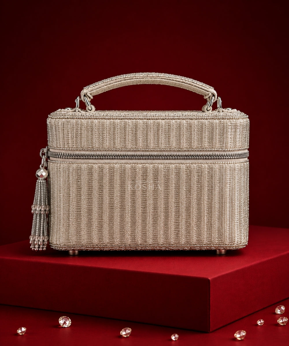 Cally Silver Suede Embroidered Vanity Bag