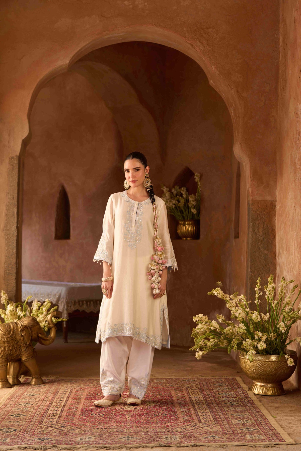 Daisy Ivory & Blue Silk Chanderi Kurta Salwar Set with Dupatta