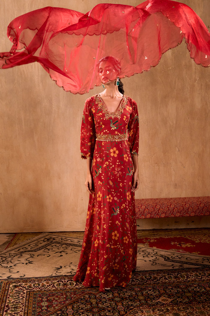 RED PRINT EMBROIDERED ANARKALI WITH DUPATTA AND BELT SET - image 4