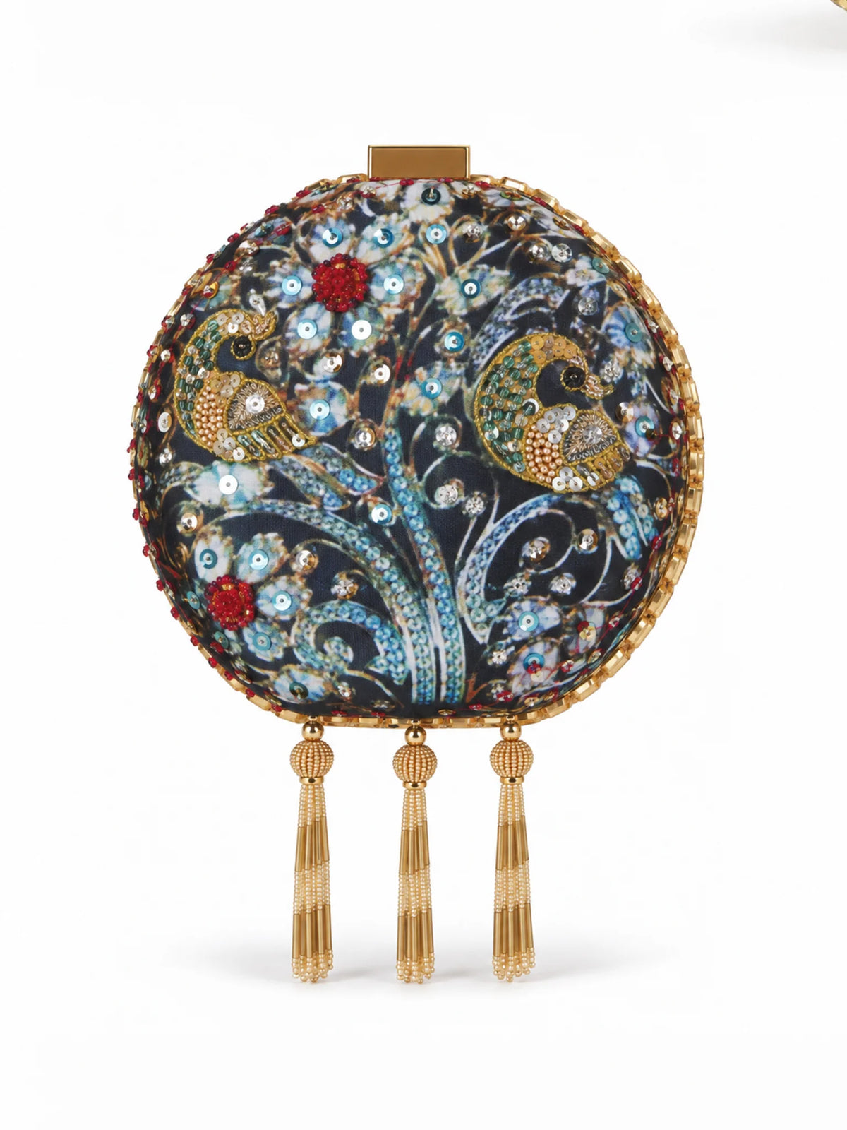 Black Jewel Peacock Print Embroidered Round Clutch Bag
