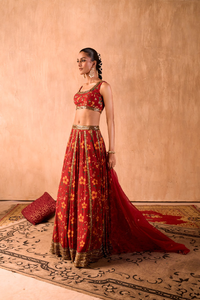 RED PRINT EMBROIDERED CHOLI, LEHENGA AND DUPATTA SET - image 4