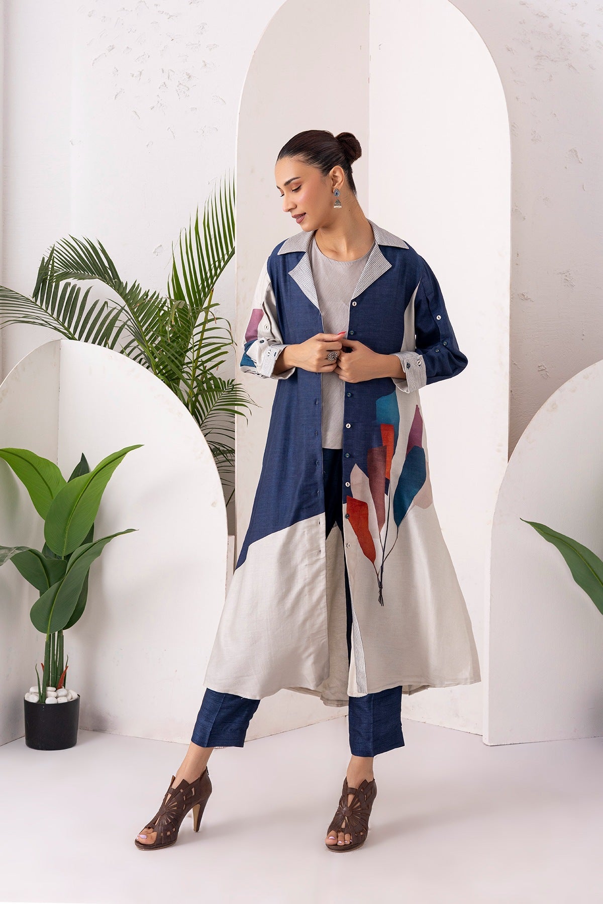 Blue & Ivory Silk Chanderi Printed Front Open Dress Set (3 PCS)