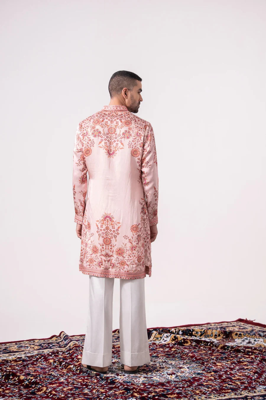 Pink Floral Linen Satin Kurta