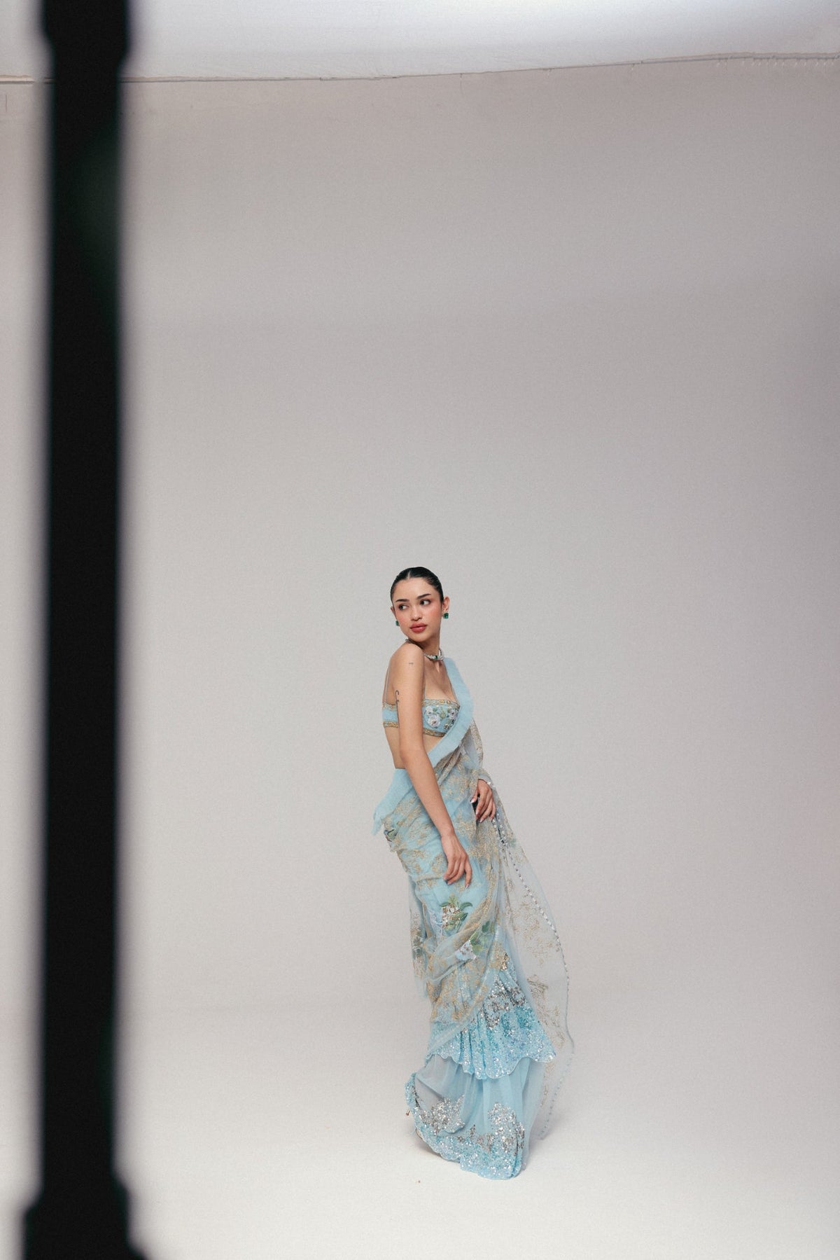 Floral & Zardosi Embroidery, Silk Georgette & Tulle with French Lace, Stitched Saree Set, Blouse Silhouette