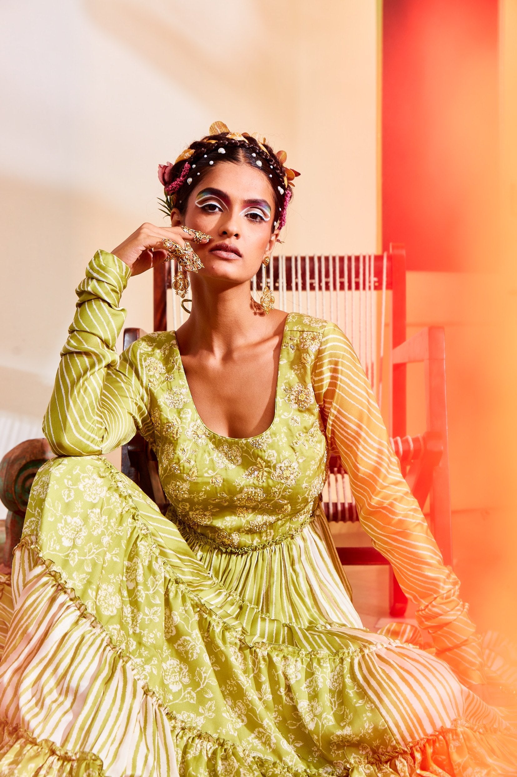 Olive Green Teired Anarkali.