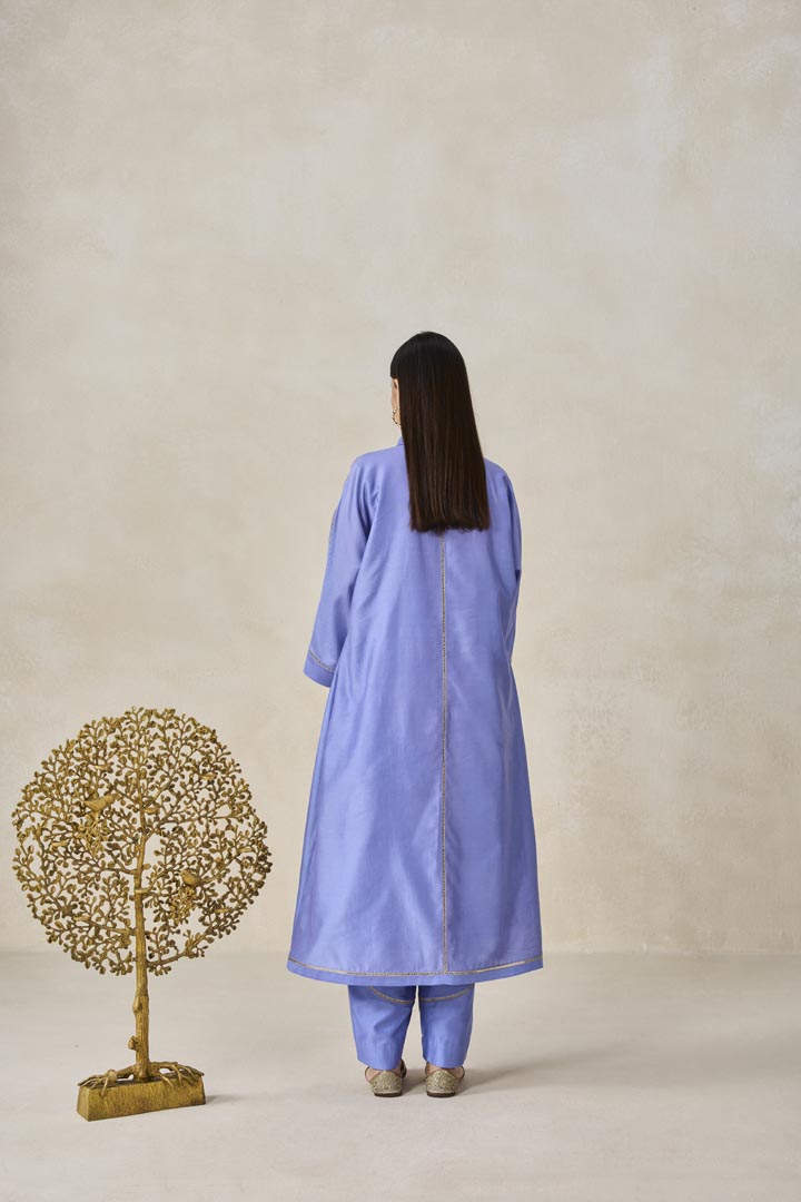Ink Blue Chanderi Shirt Kurta Set with Heritage Embroidery