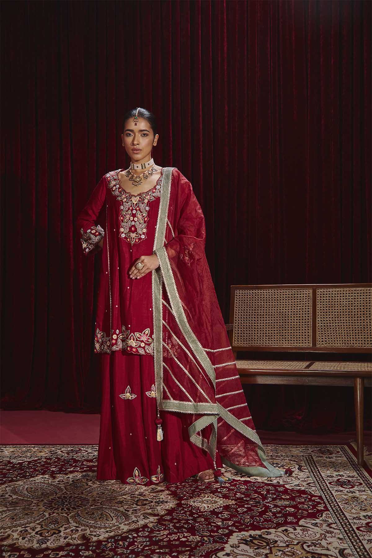 Shagun Wine Embroidered Dupion Silk A-Line Kurta and Sharara Set
