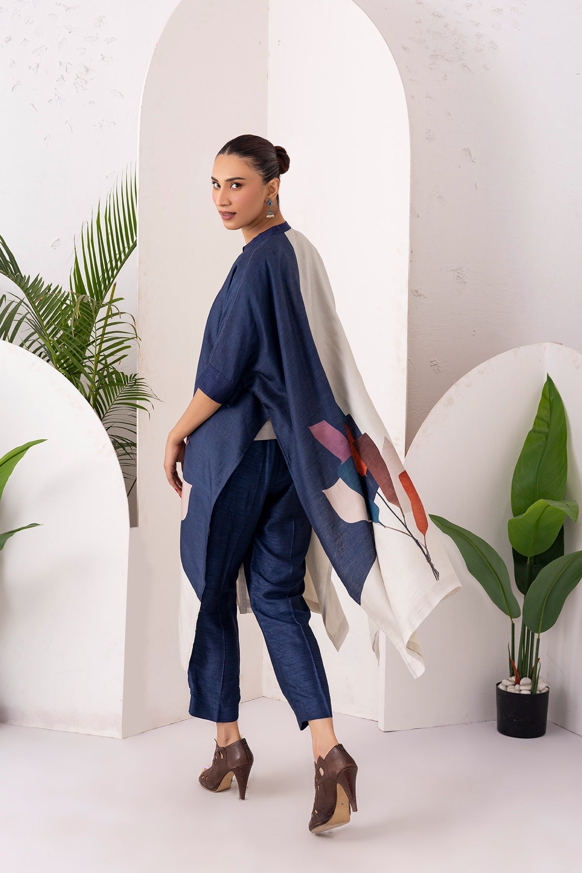 Blue & Ivory Silk Chanderi Printed Kaftan Style Dress Set (3 PCS)