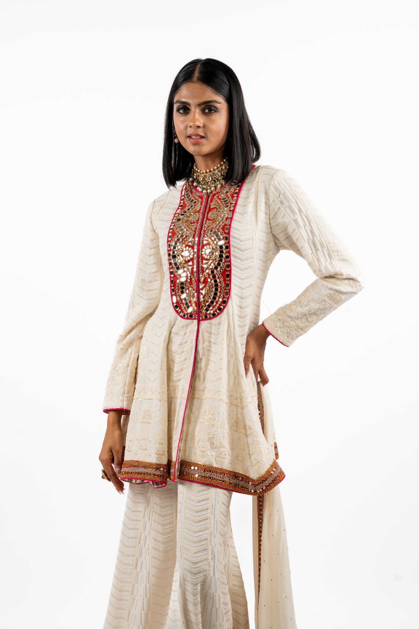 Ivory Mirrorwork Kurta Set with Flared Sharara