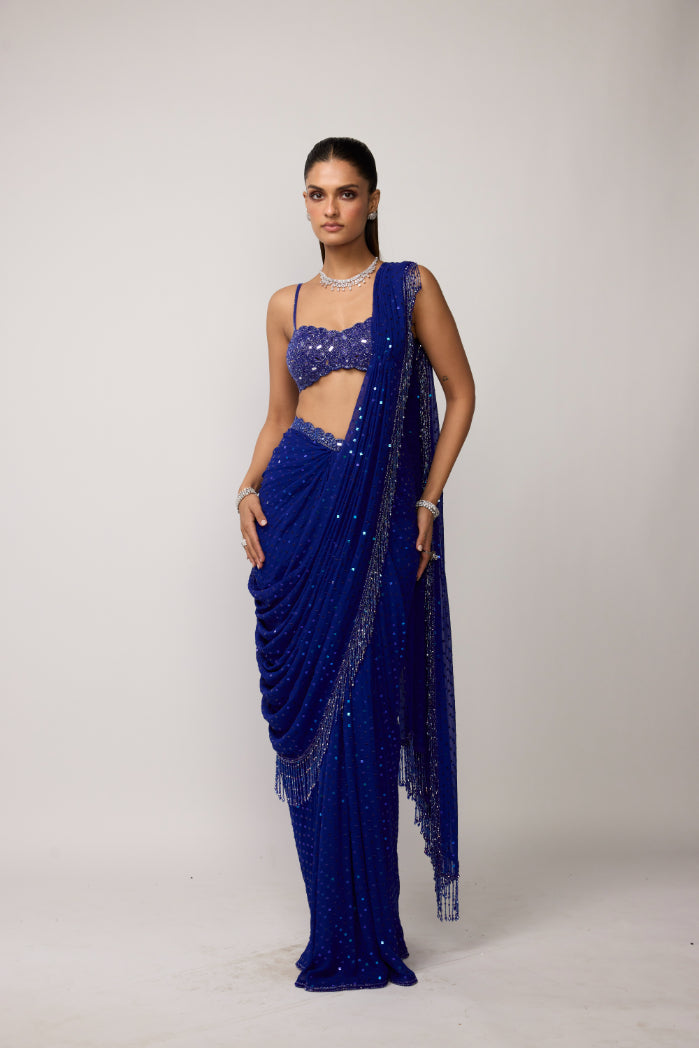 Cocktail Blue Sequins Embroidered Saree Set