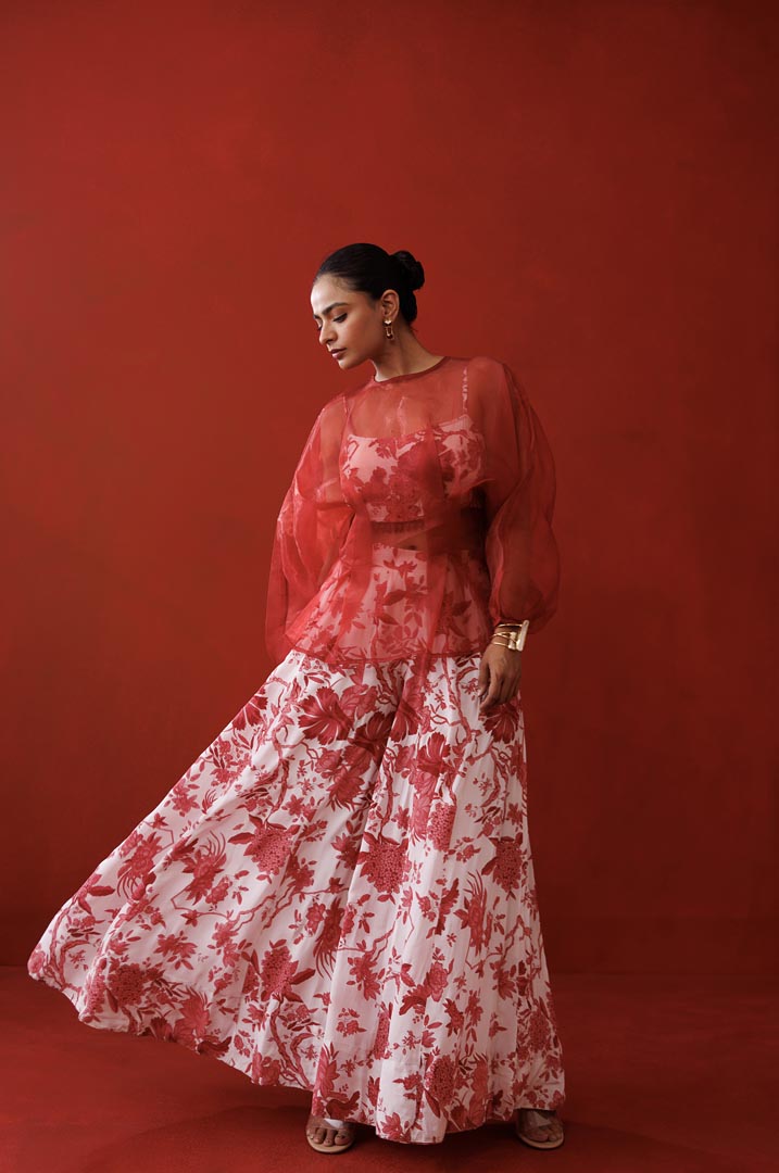 White & red organza top set