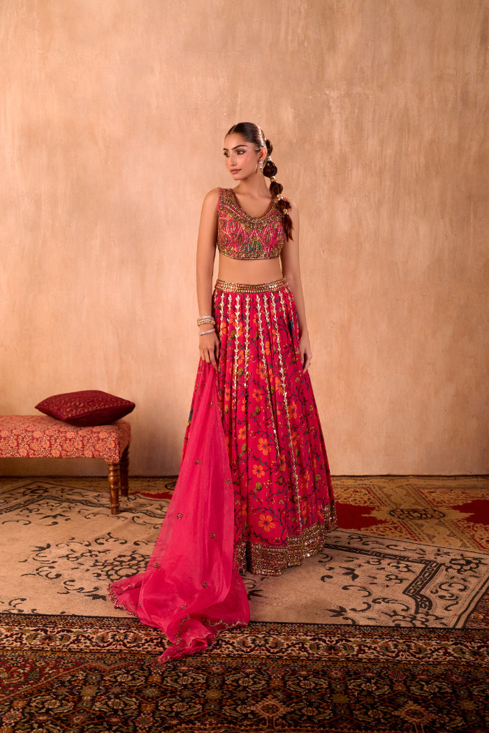 PINK PRINT EMBROIDERED CHOLI, LEHENGA AND DUPATTA SET - image 4