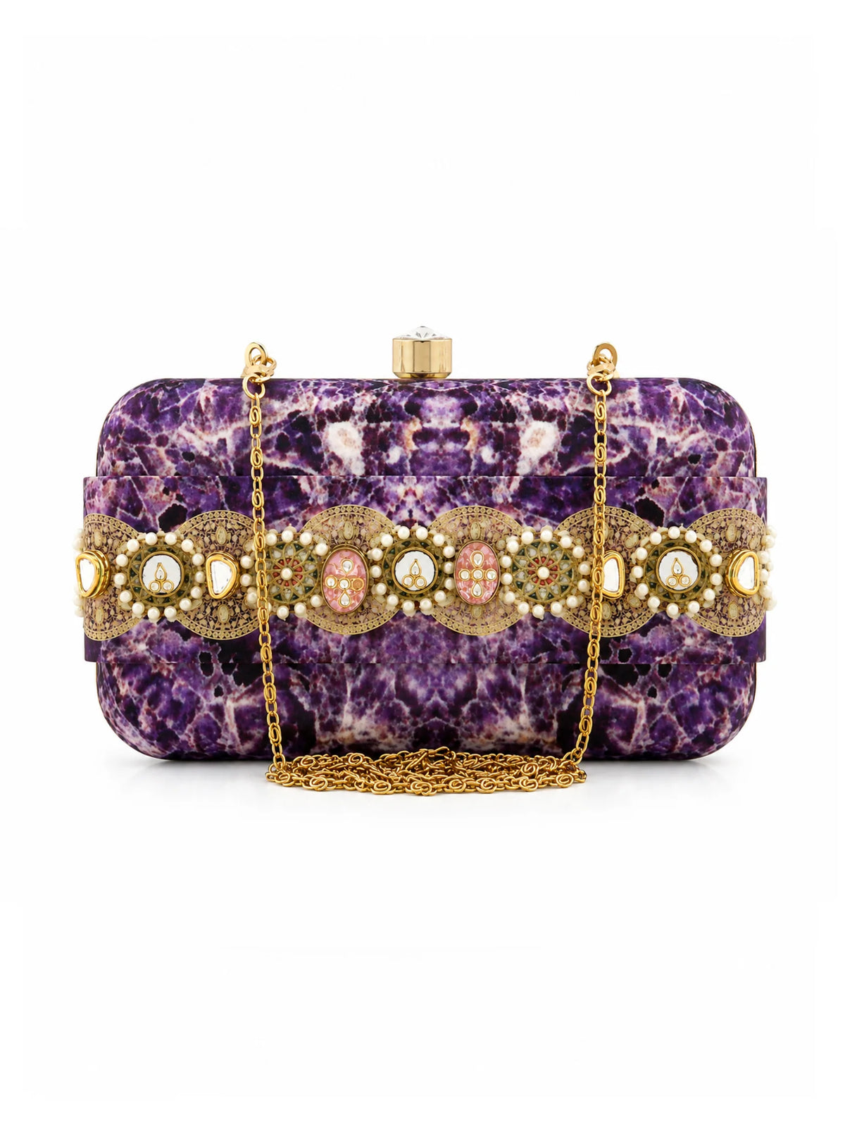 Purple Amethyst Print Slide-In Clutch Bag with Embellished Detail