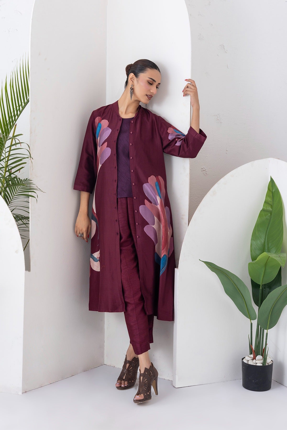 Chocolate Brown Silk Chanderi Printed Dress Set (3 PCS)